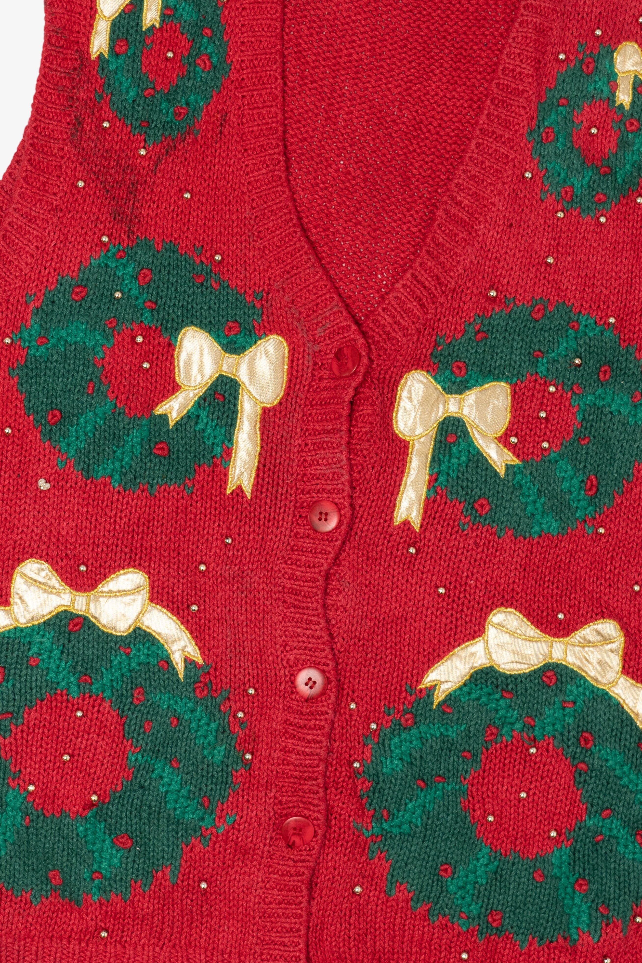 Vintage Hand Knit Red Westbound Wreaths Ugly Christmas Vest (1990s)