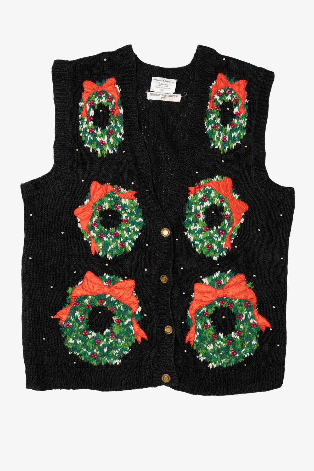 Vintage Black Marisa Christina Wreaths Ugly Christmas Vest (1990s)