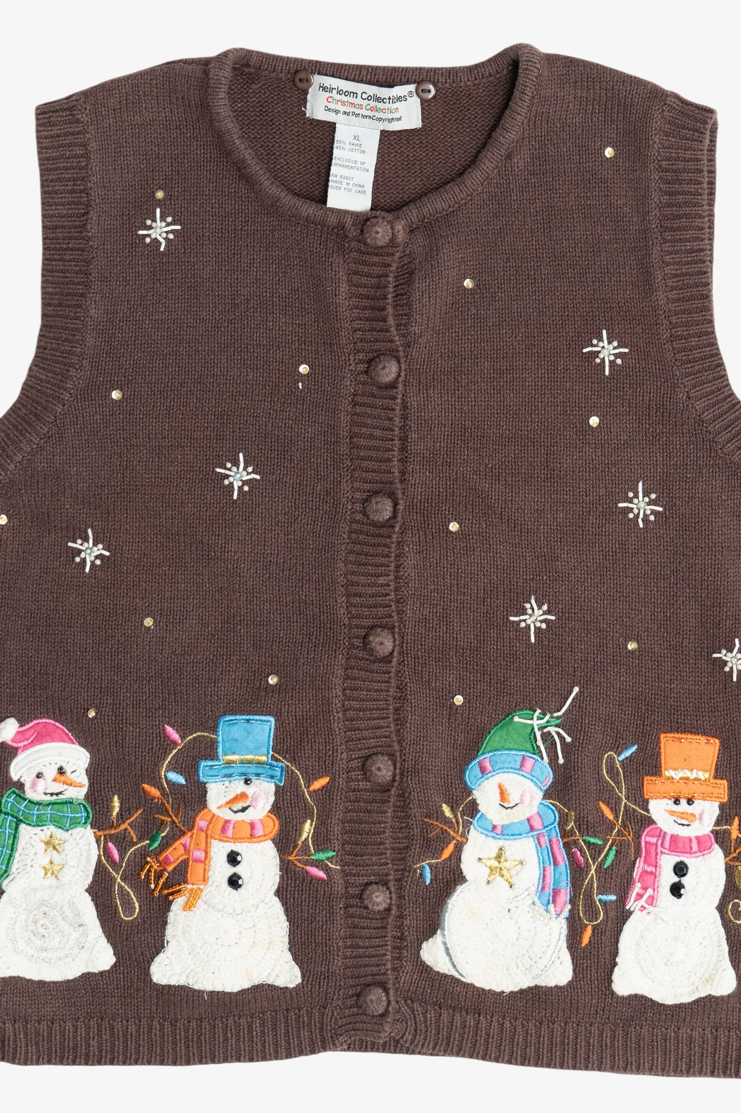 Vintage Brown Heirloom Collectibles Snowmen Ugly Christmas Vest (1990s)