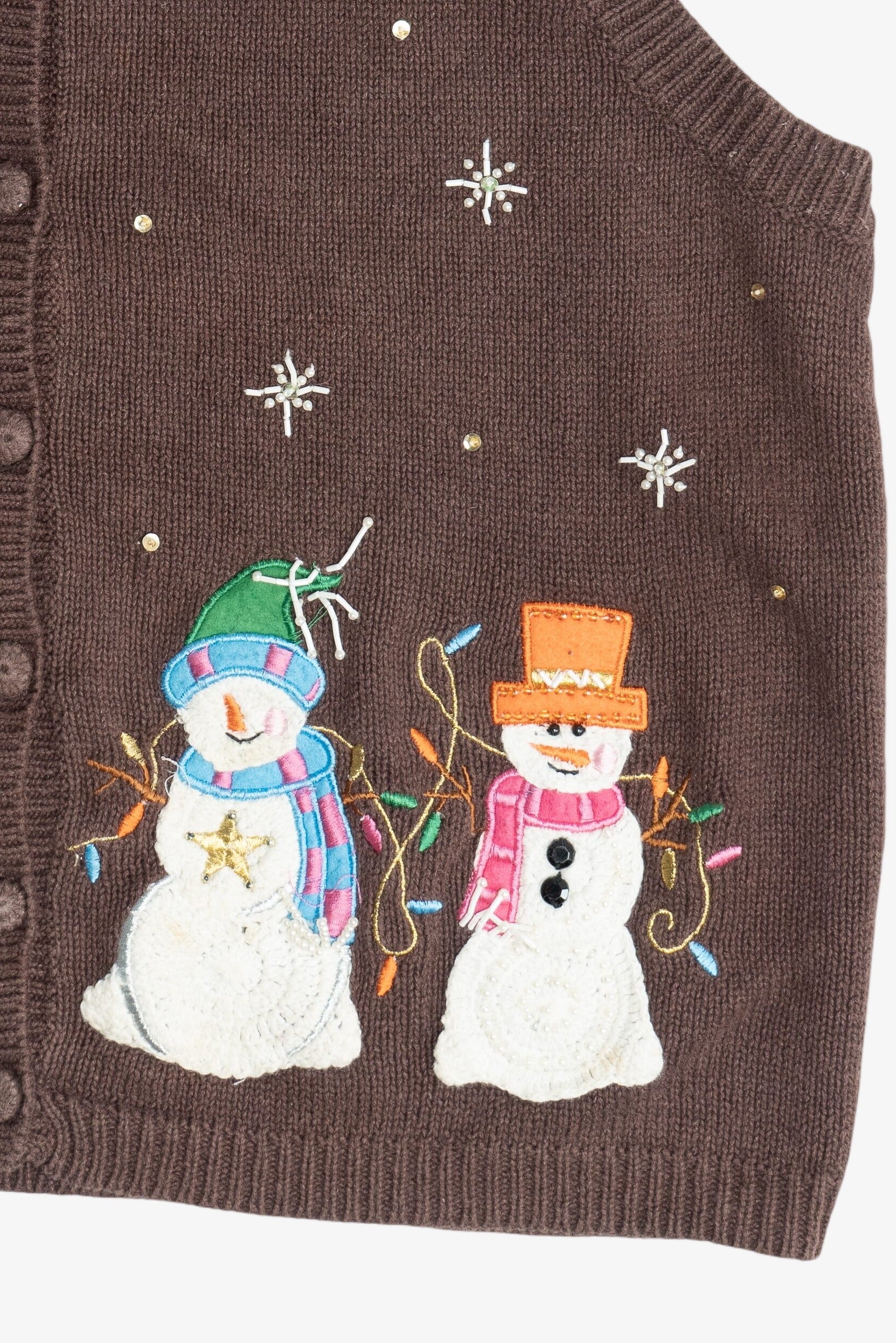 Vintage Brown Heirloom Collectibles Snowmen Ugly Christmas Vest (1990s)