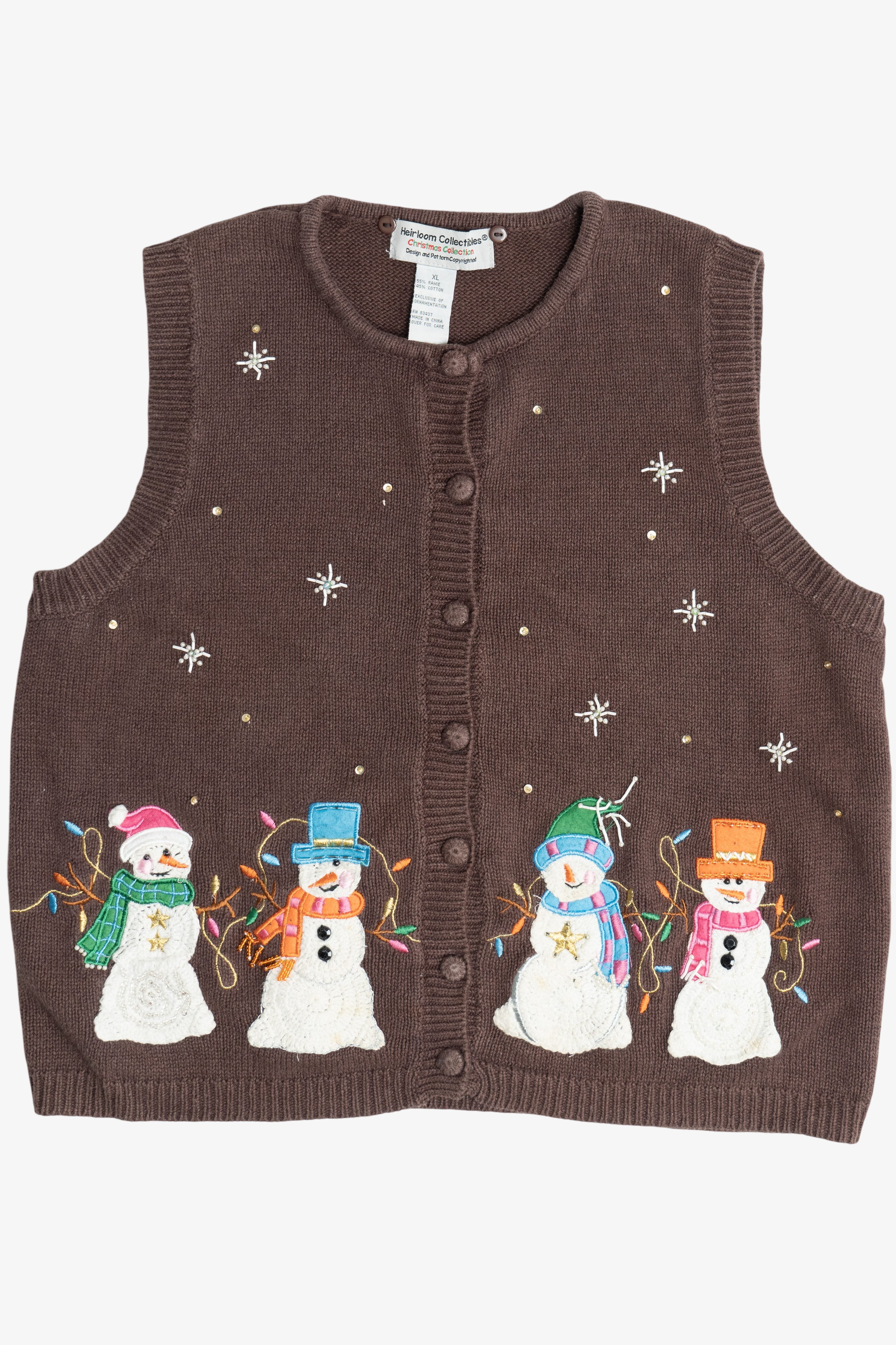 Vintage Brown Heirloom Collectibles Snowmen Ugly Christmas Vest (1990s)