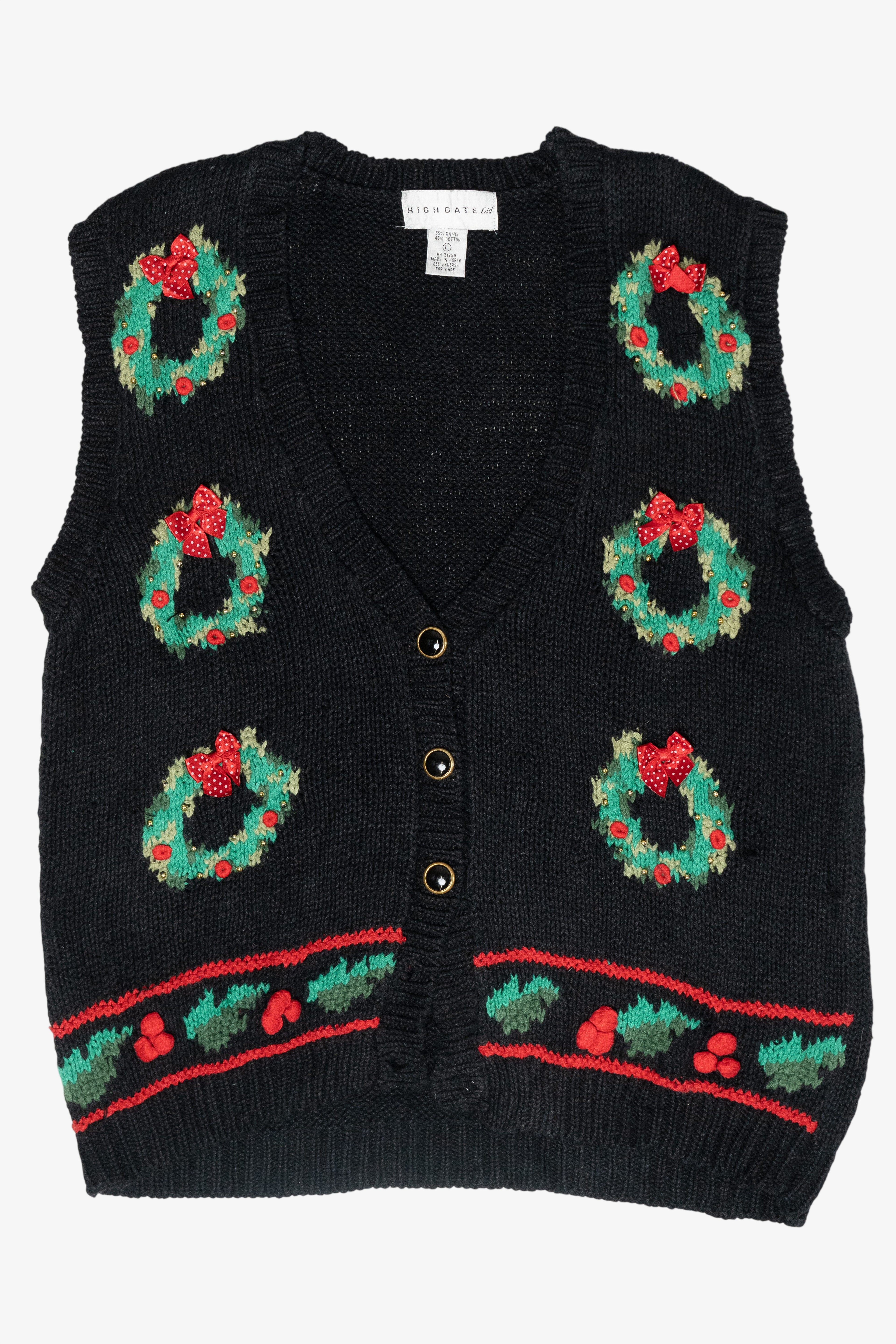 Wreaths Hand Knit Vintage Ugly Christmas Sweater Vest (1990s)