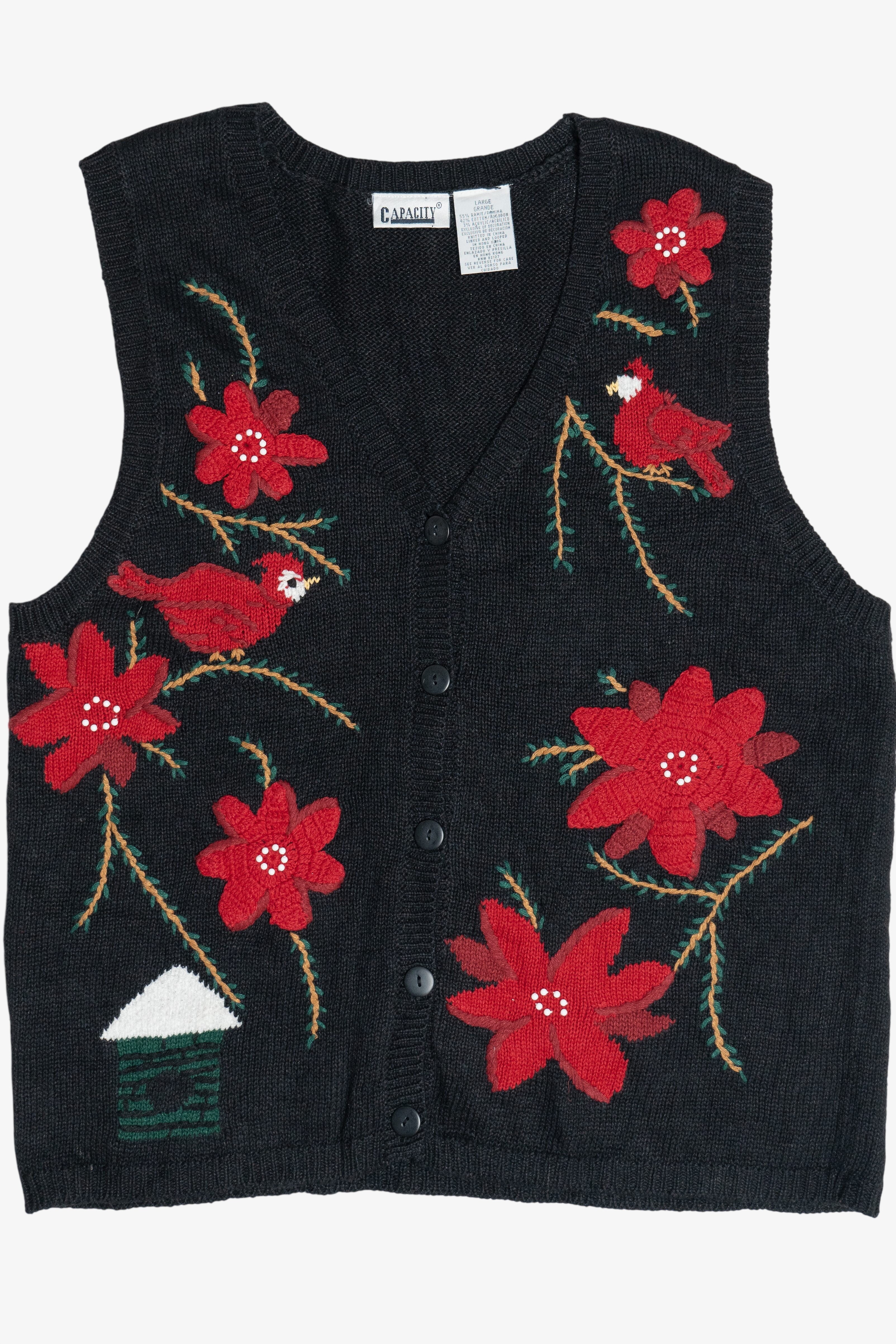 Vintage Cardinals & Poinsettias Ugly Christmas Vest (1990s)