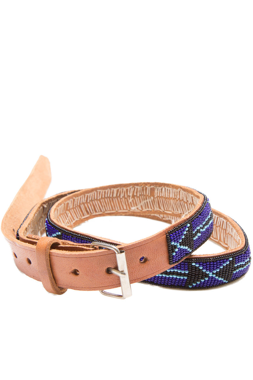 Blue and Black Beaded Leather Belt