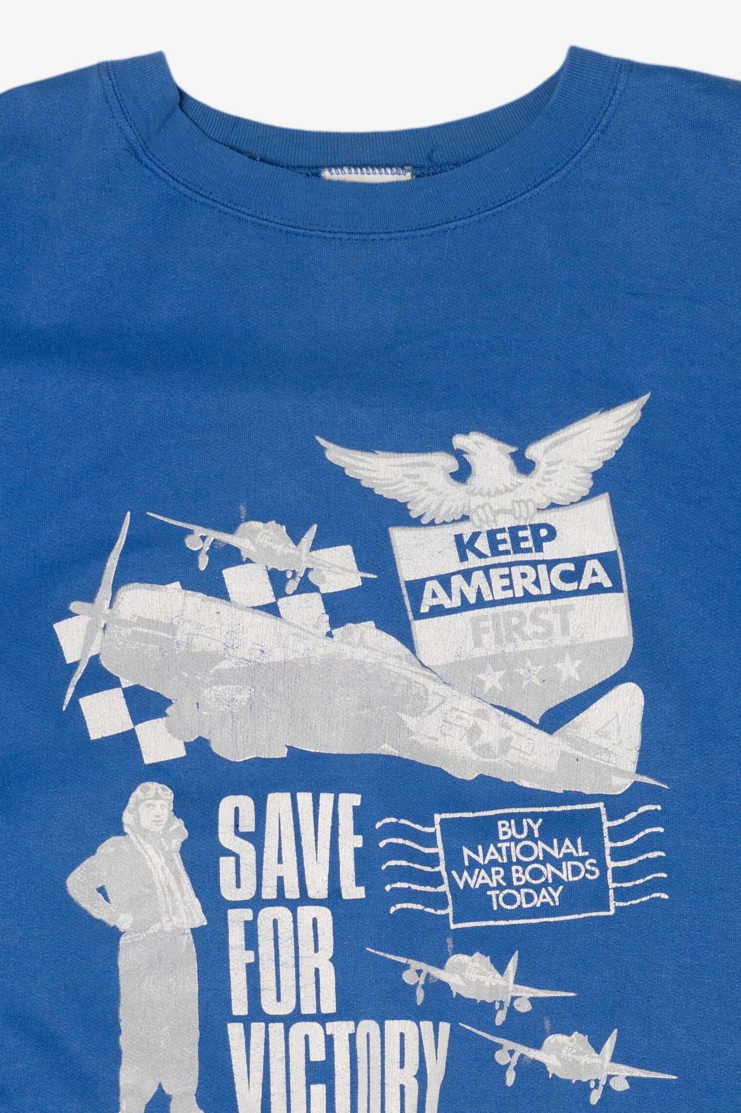 Vintage Blue "Save For Victory" America War Bonds Sweatshirt (1990s)