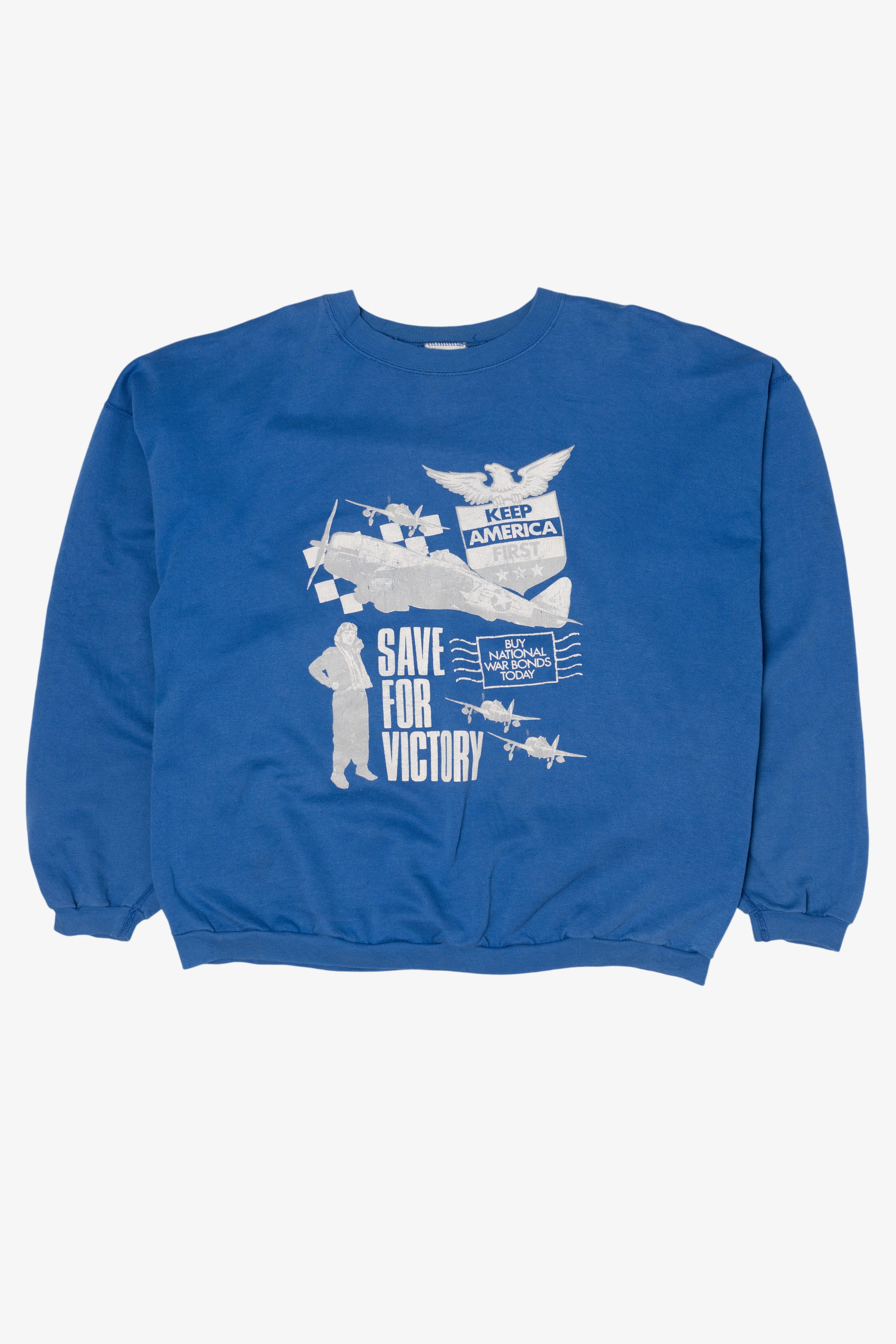 Vintage Blue "Save For Victory" America War Bonds Sweatshirt (1990s)