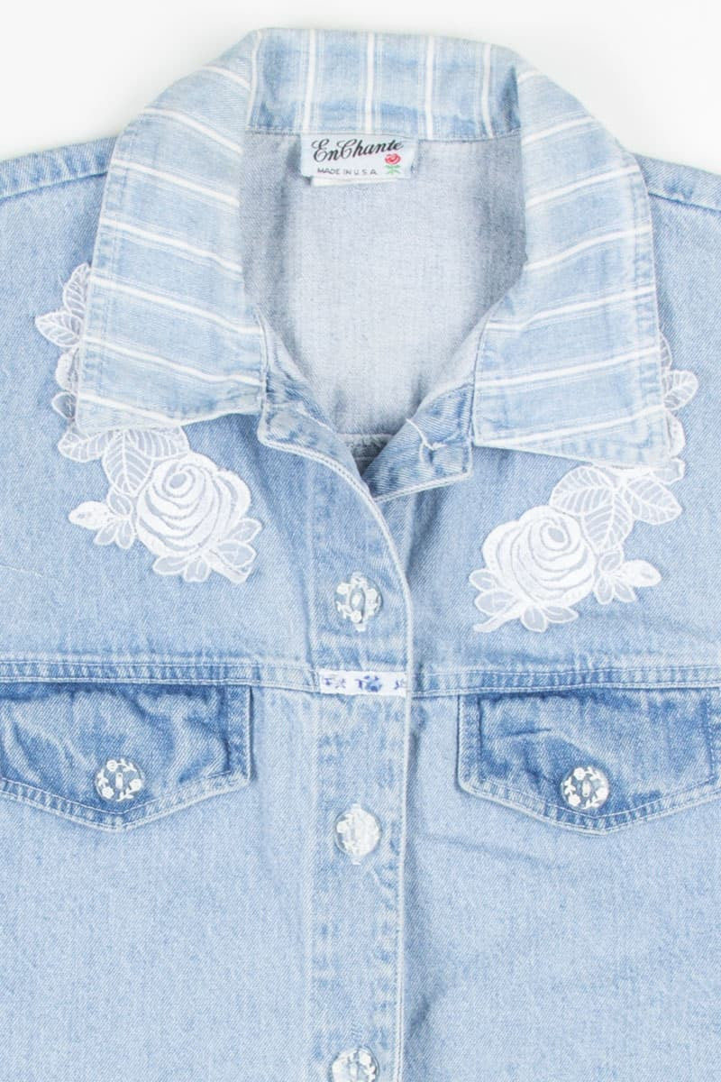 Floral Detail Frayed Denim Vest