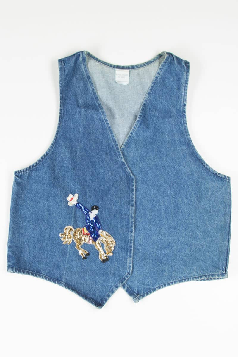 Bronco Riding Sequin Patch Denim Vest