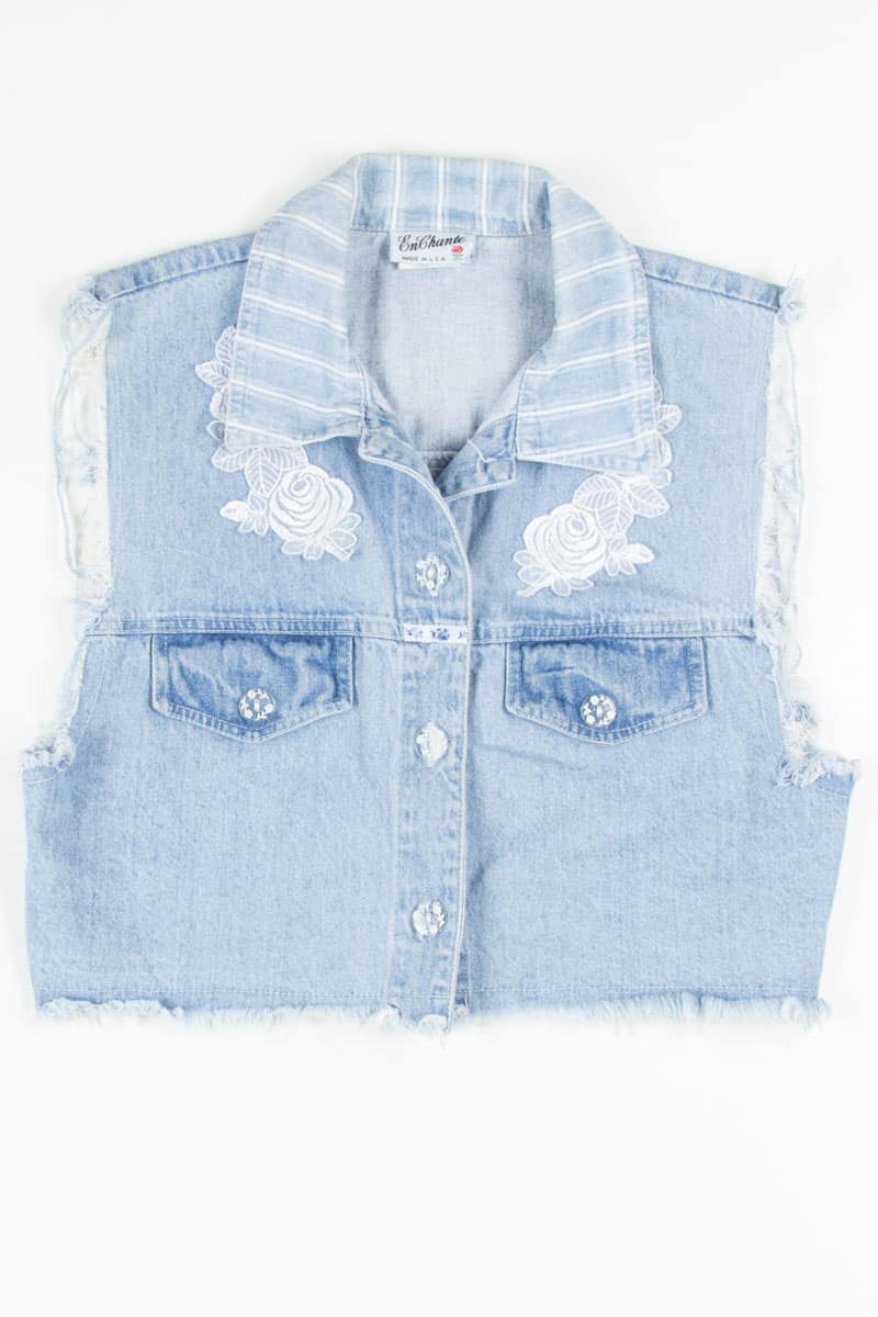 Floral Detail Frayed Denim Vest