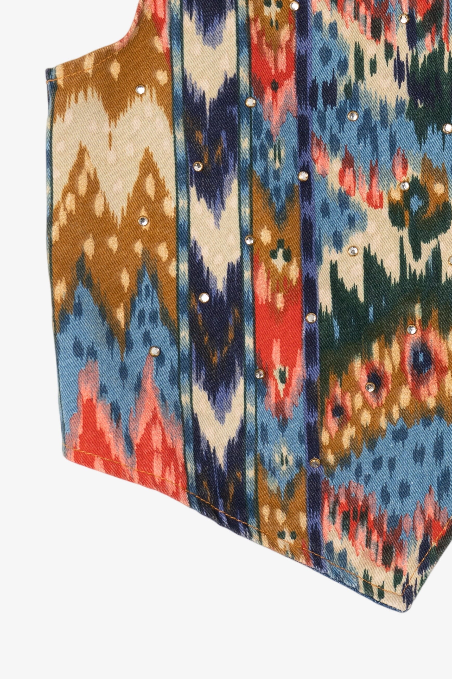 Vintage Green Field Southwestern Print With Rhinestone Denim Vest (1990s)