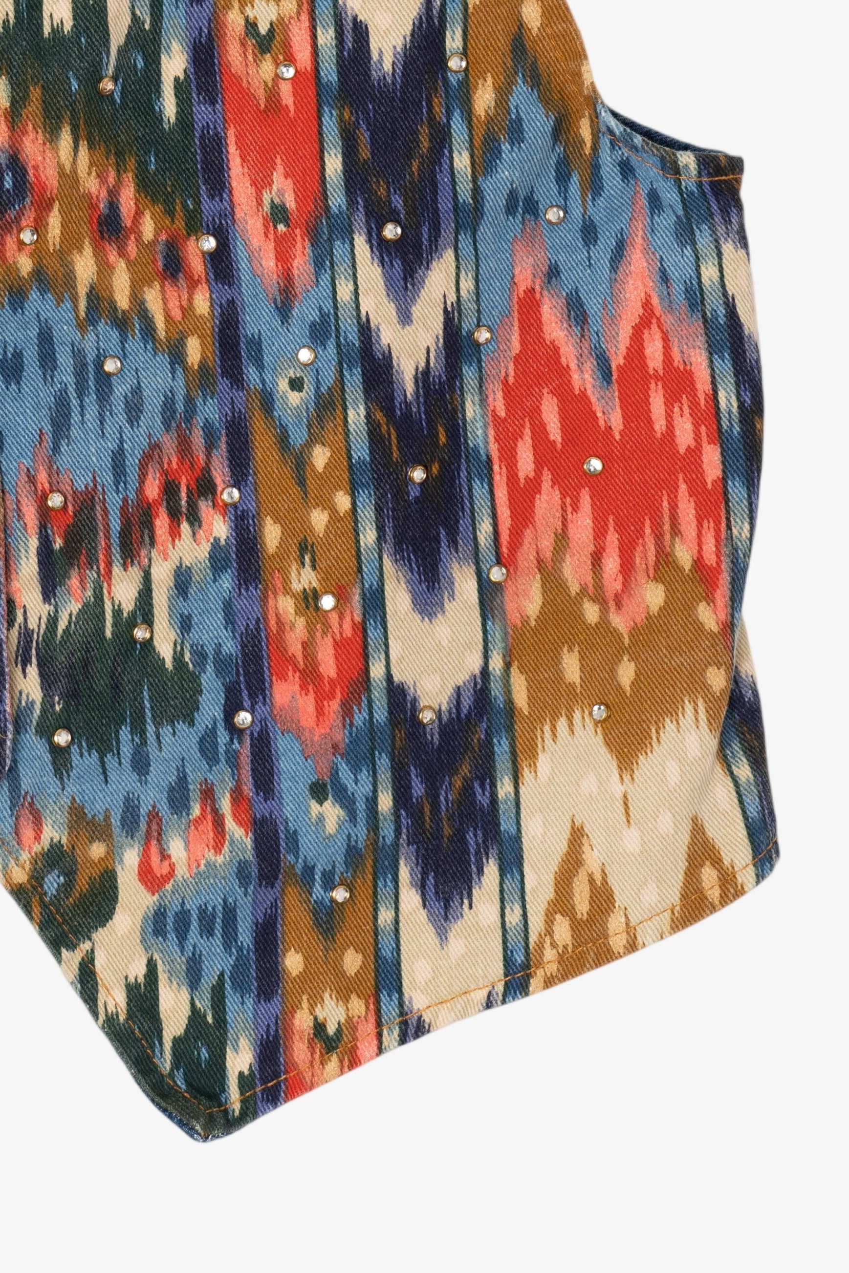 Vintage Green Field Southwestern Print With Rhinestone Denim Vest (1990s)