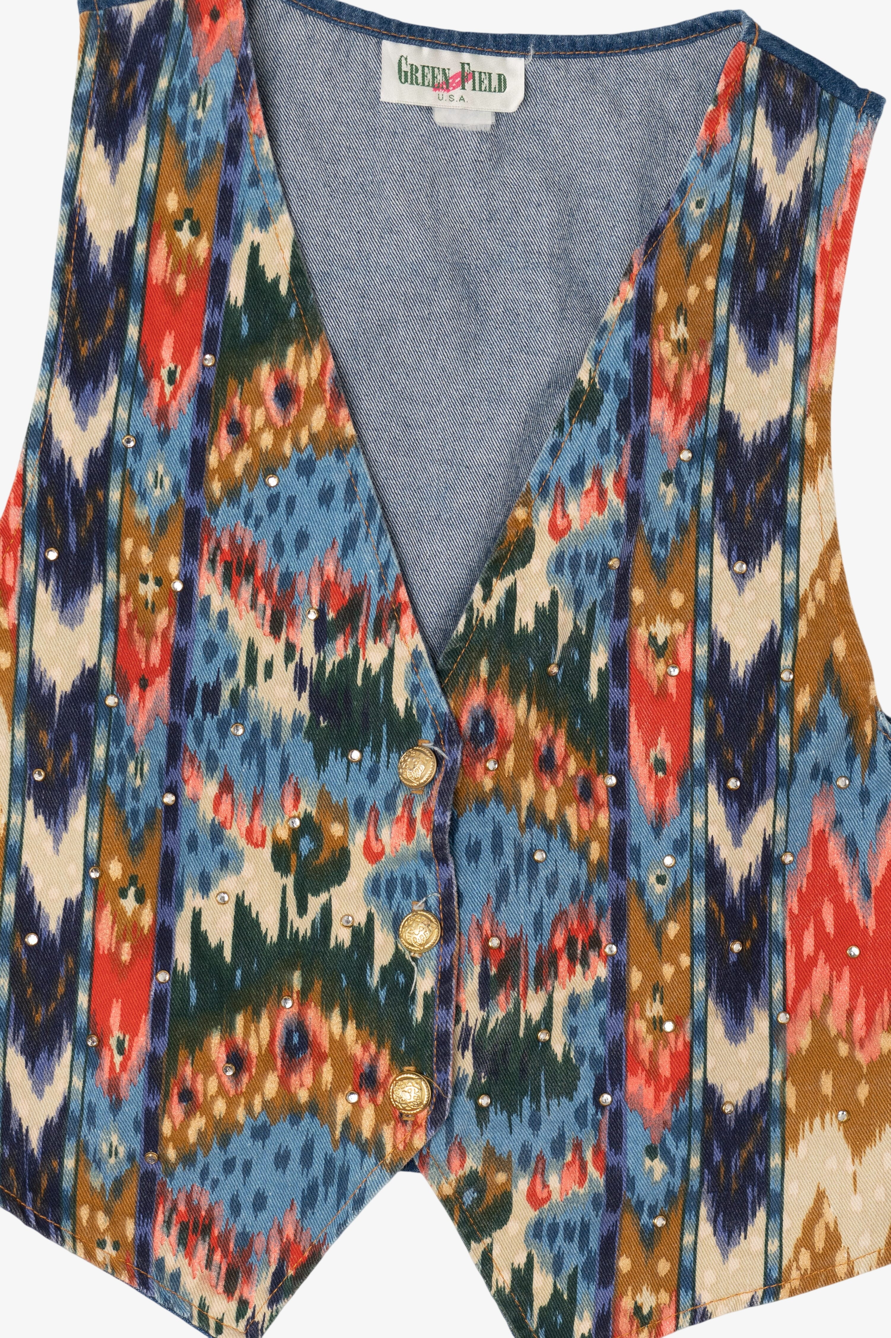 Vintage Green Field Southwestern Print With Rhinestone Denim Vest (1990s)