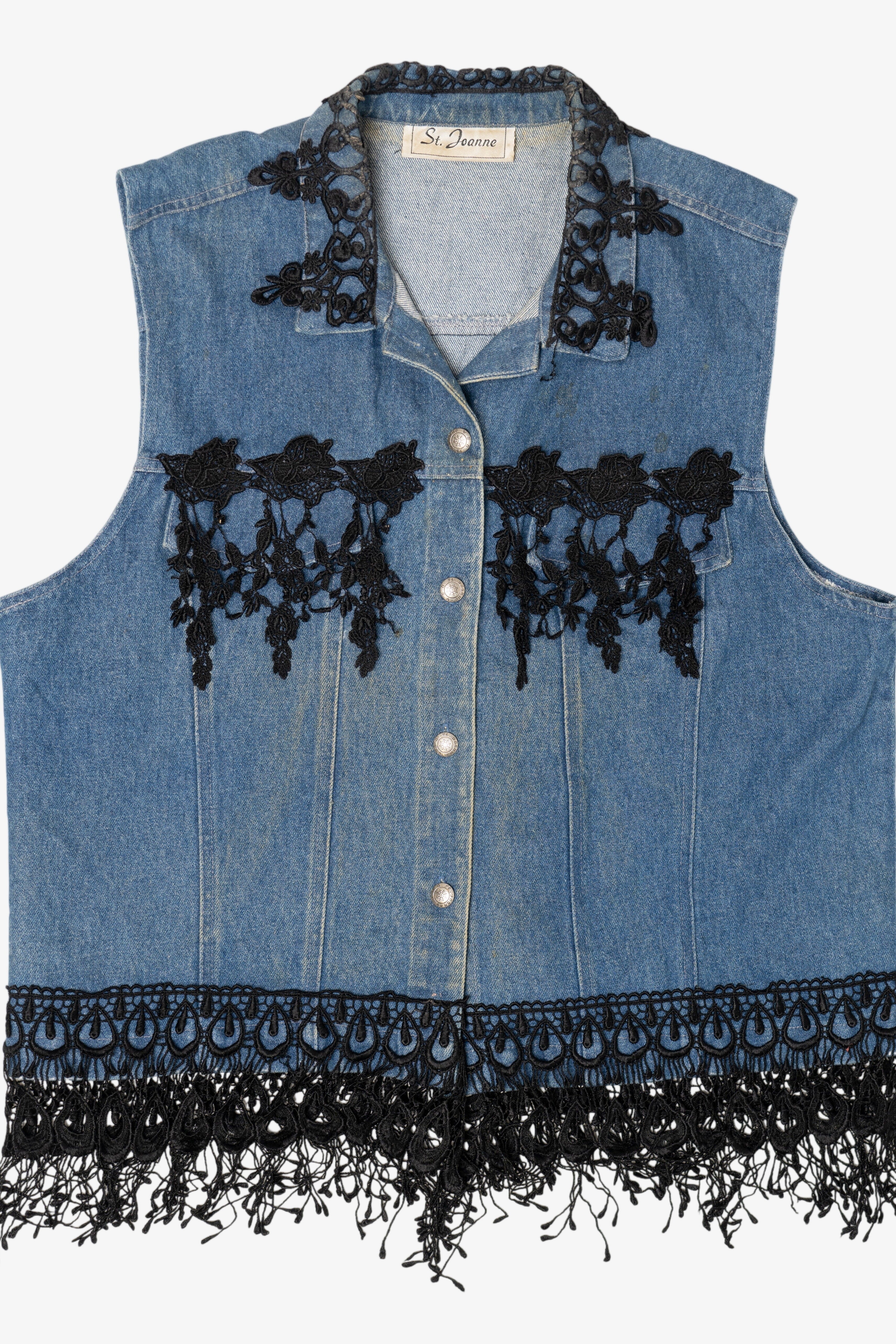 Vintage Y2k St. Joanna Black Lace Trimmed Denim Vest (2000s)