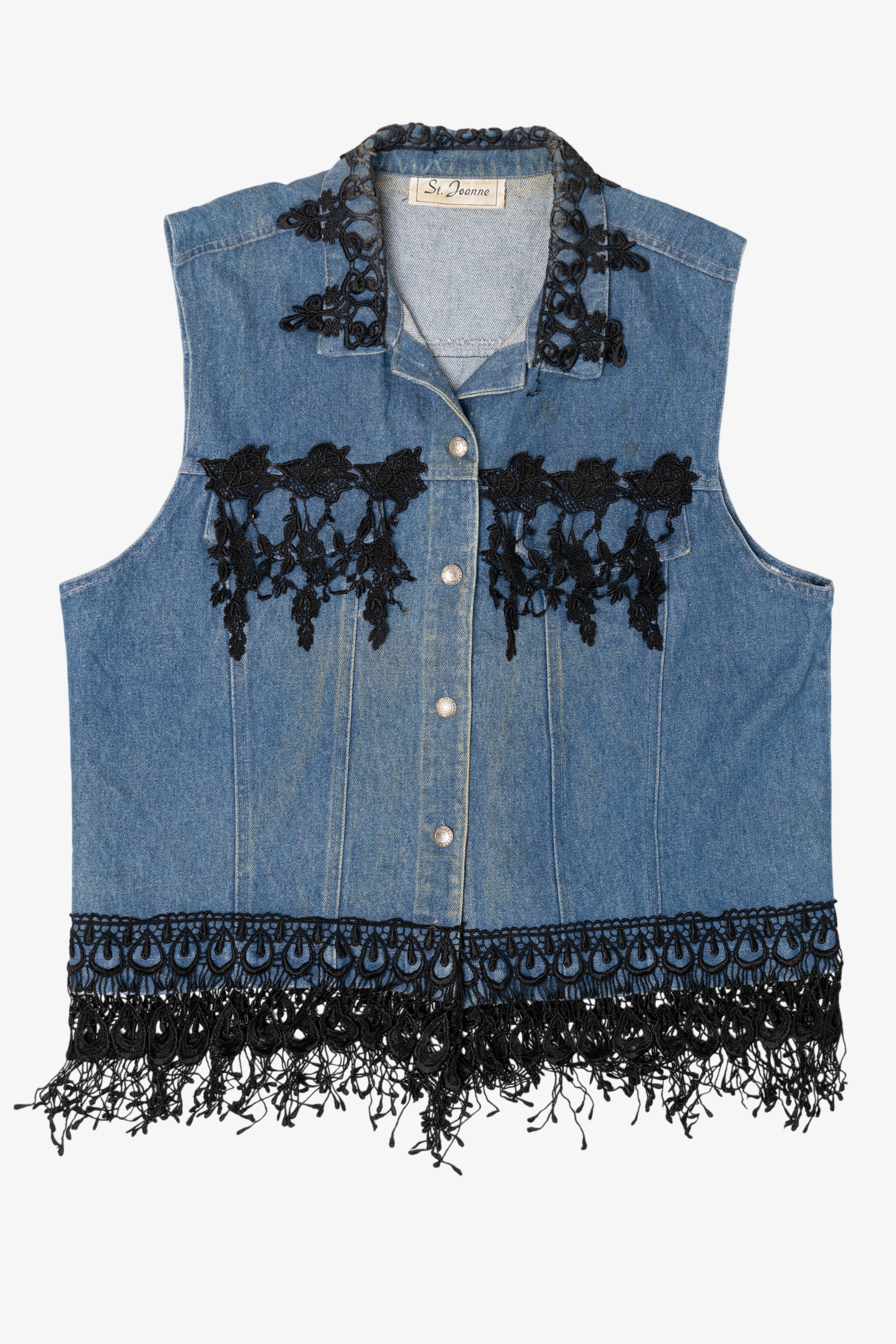 Vintage Y2k St. Joanna Black Lace Trimmed Denim Vest (2000s)