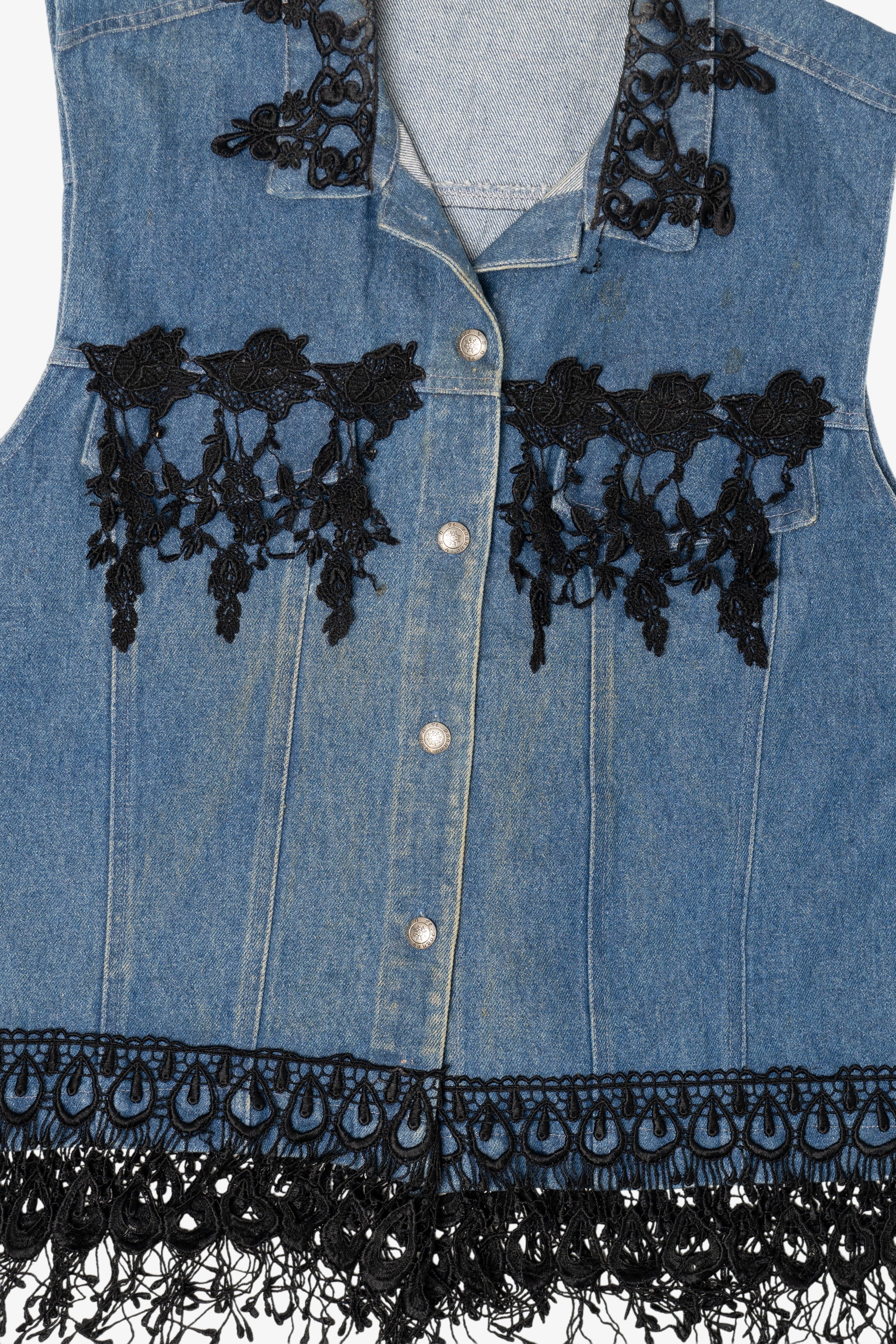 Vintage Y2k St. Joanna Black Lace Trimmed Denim Vest (2000s)