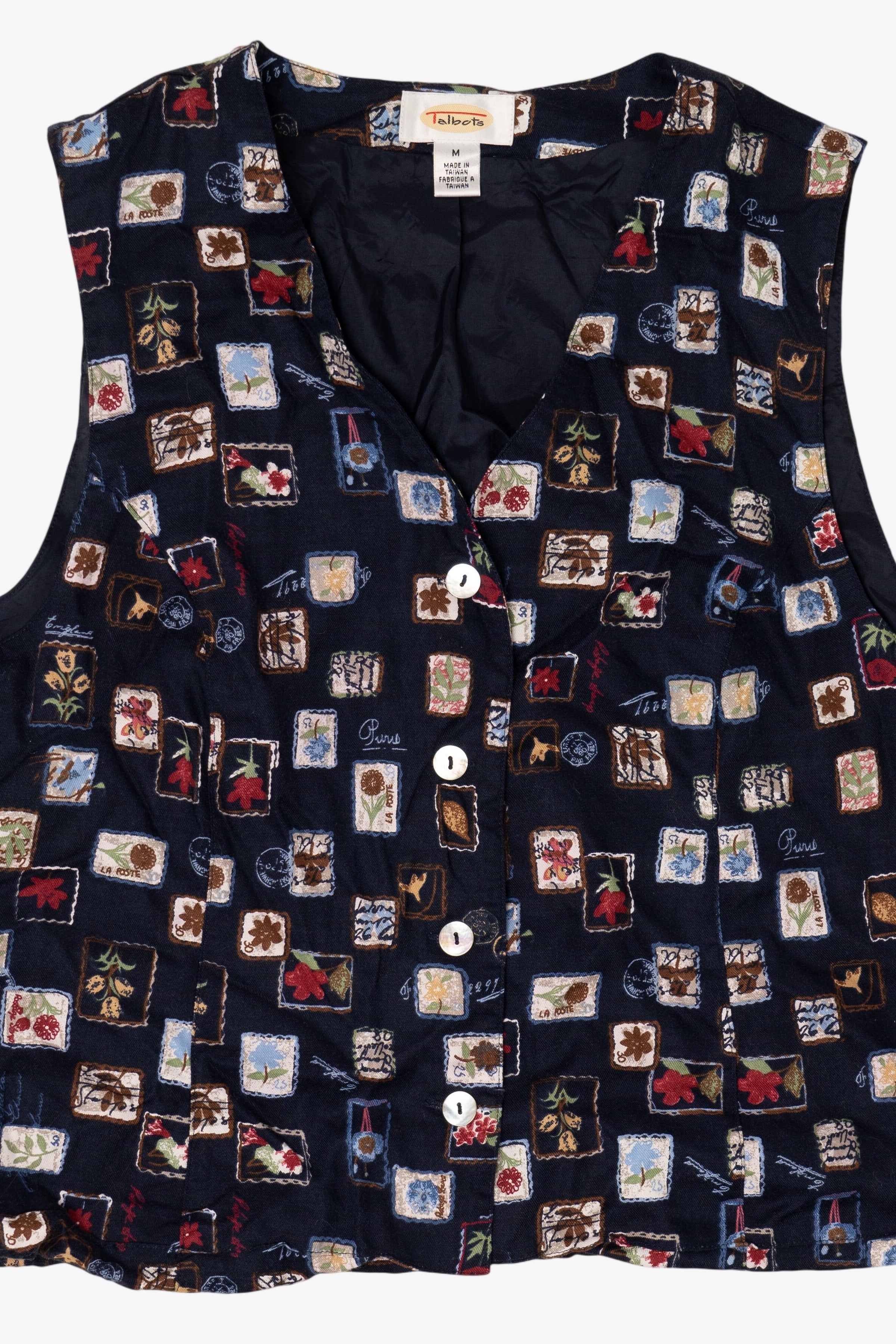 Vintage Navy Blue Talbots Postal Stamps Vest (1990s)