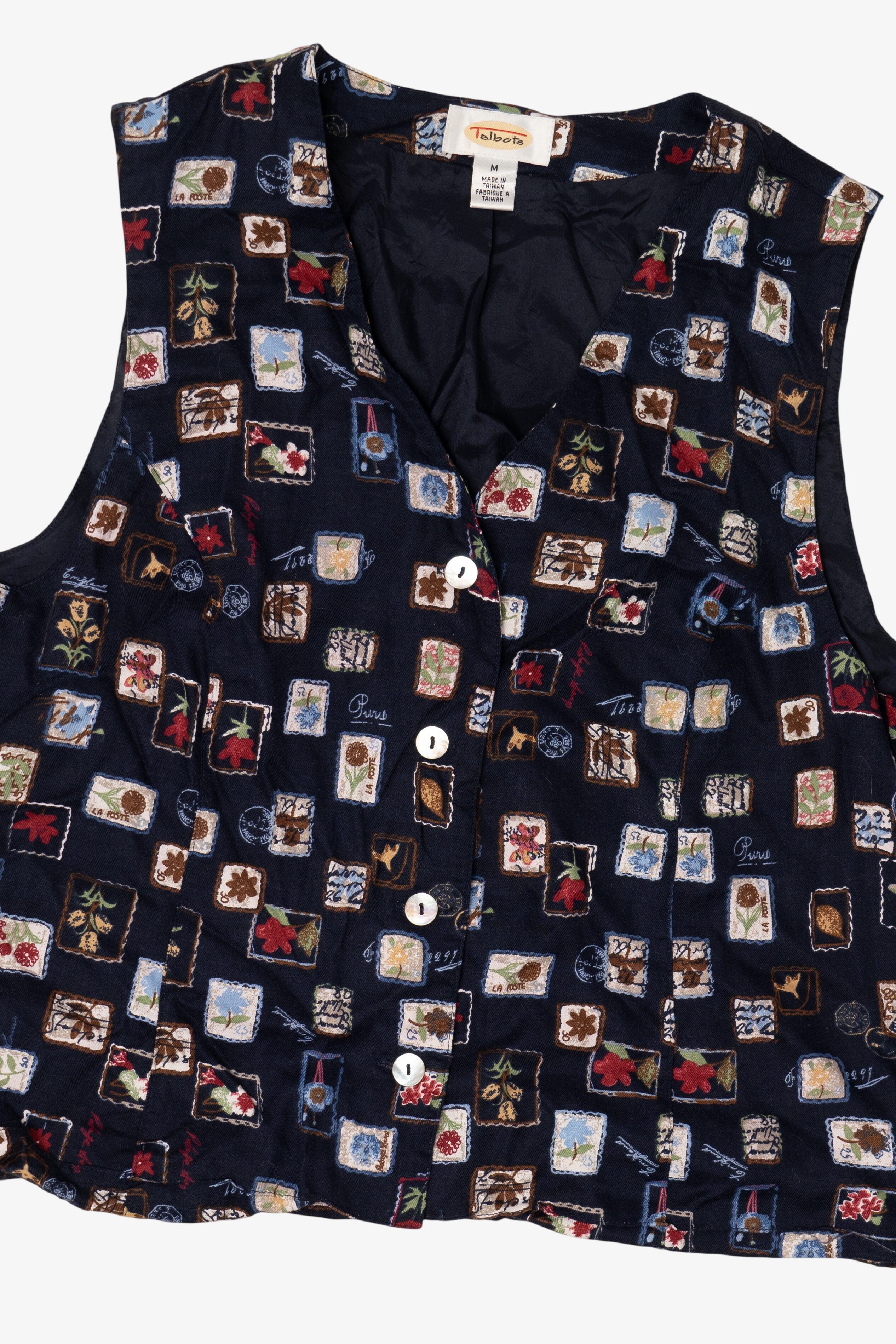 Vintage Navy Blue Talbots Postal Stamps Vest (1990s)