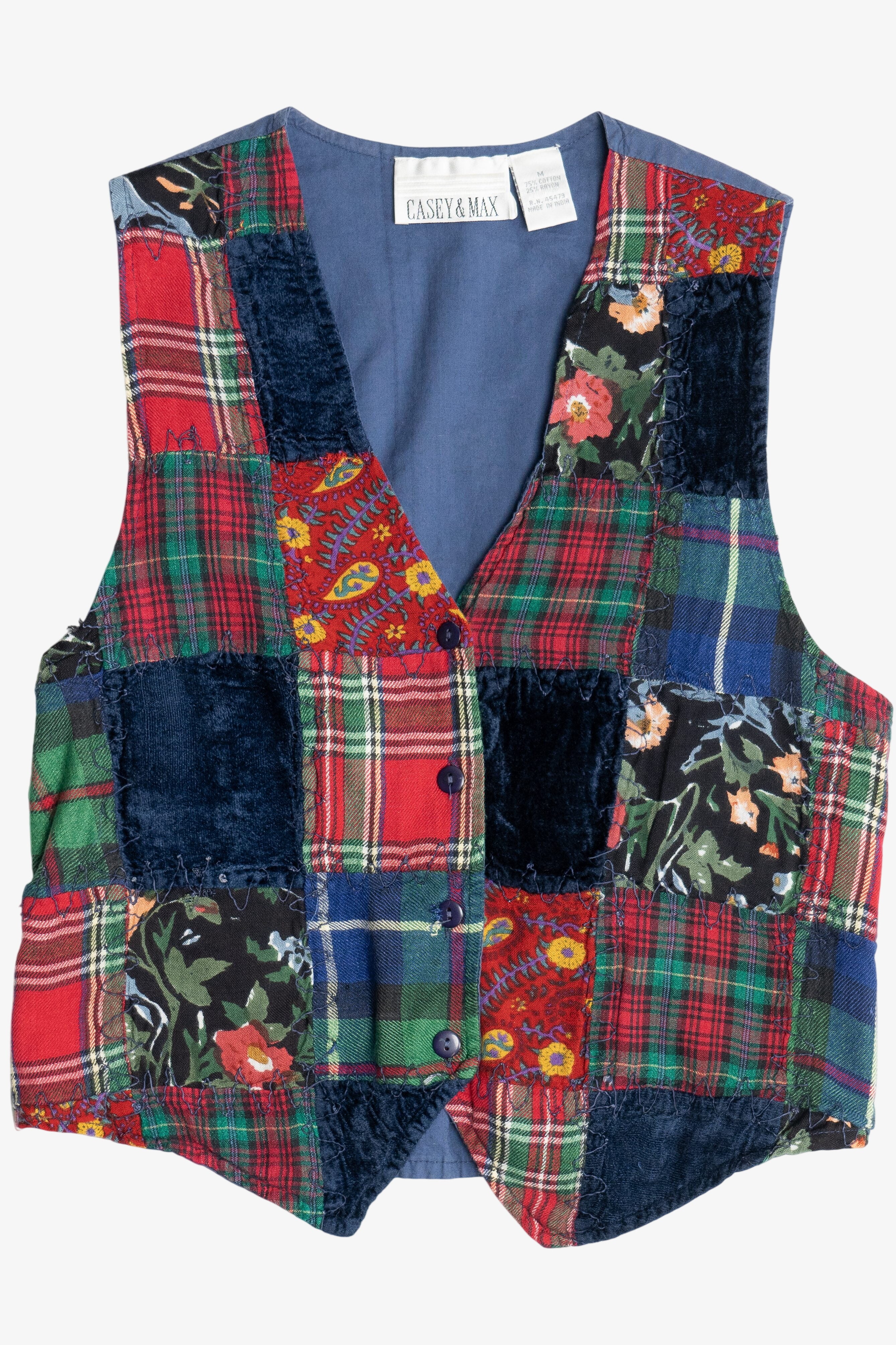 Vintage Casey & Max Cotton Velour Plaid & Floral Patchwork Vest (1990s)