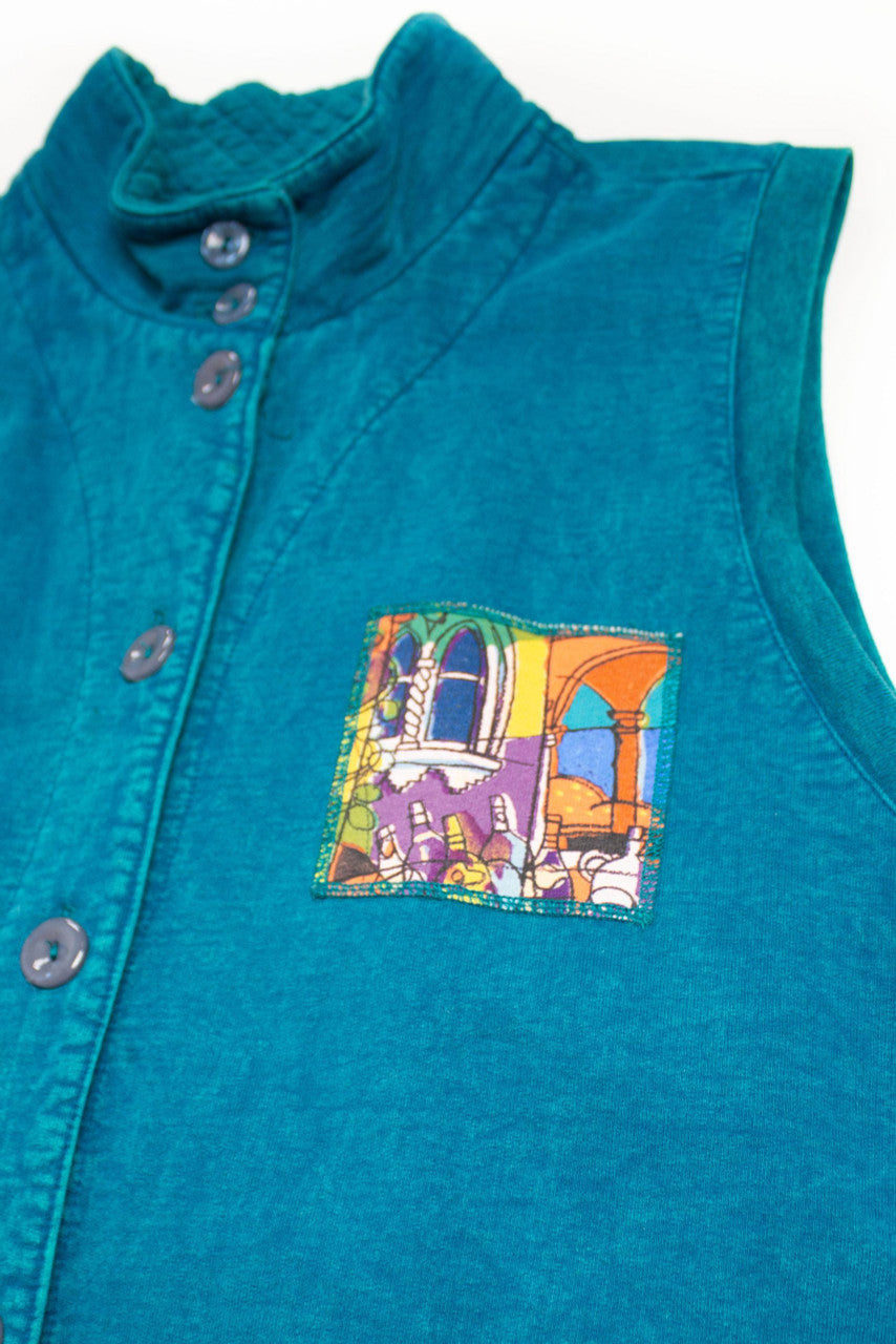 Vintage Art Square Button Up Pocket Vest