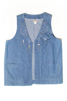Vintage Floral Jewels Open Front Denim Vest