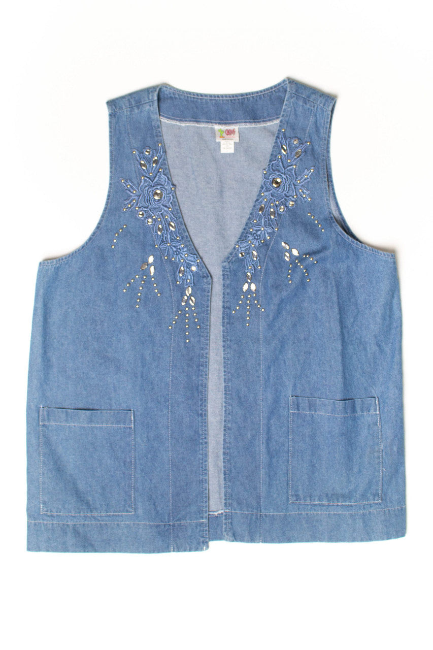 Vintage Floral Jewels Open Front Denim Vest
