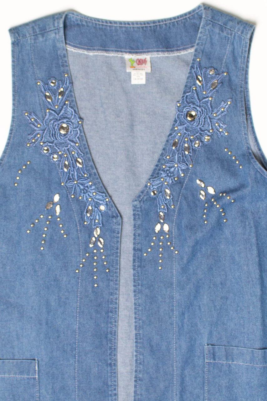 Vintage Floral Jewels Open Front Denim Vest