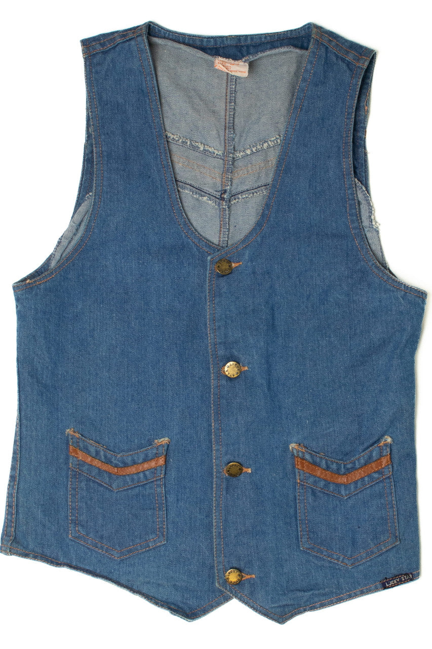 Vintage Lucky Star Leather Trim Denim Vest (1970s)