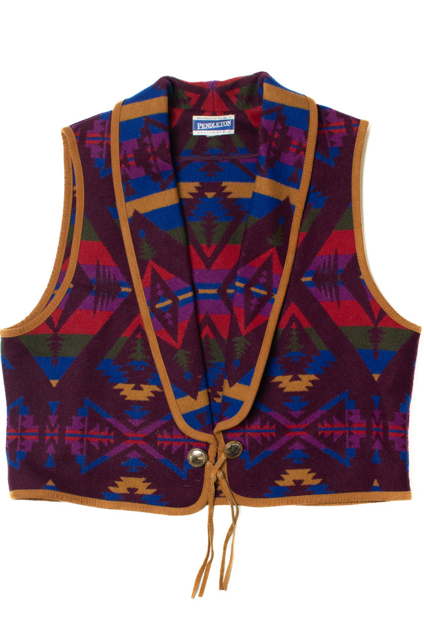 Vintage Aztec Blanket Suede Trim Pendleton Vest