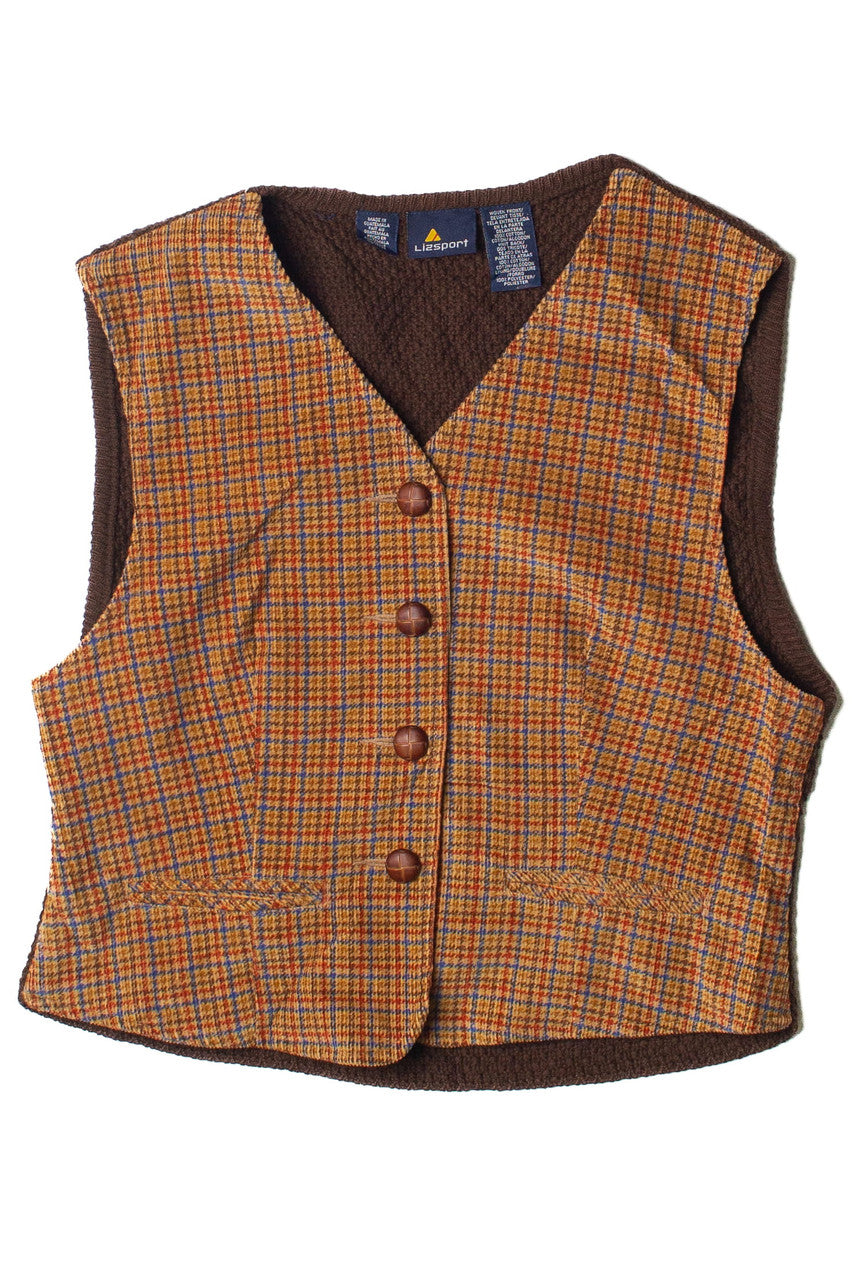 Vintage Lizsport Knit Back Houndstooth Corduroy Vest