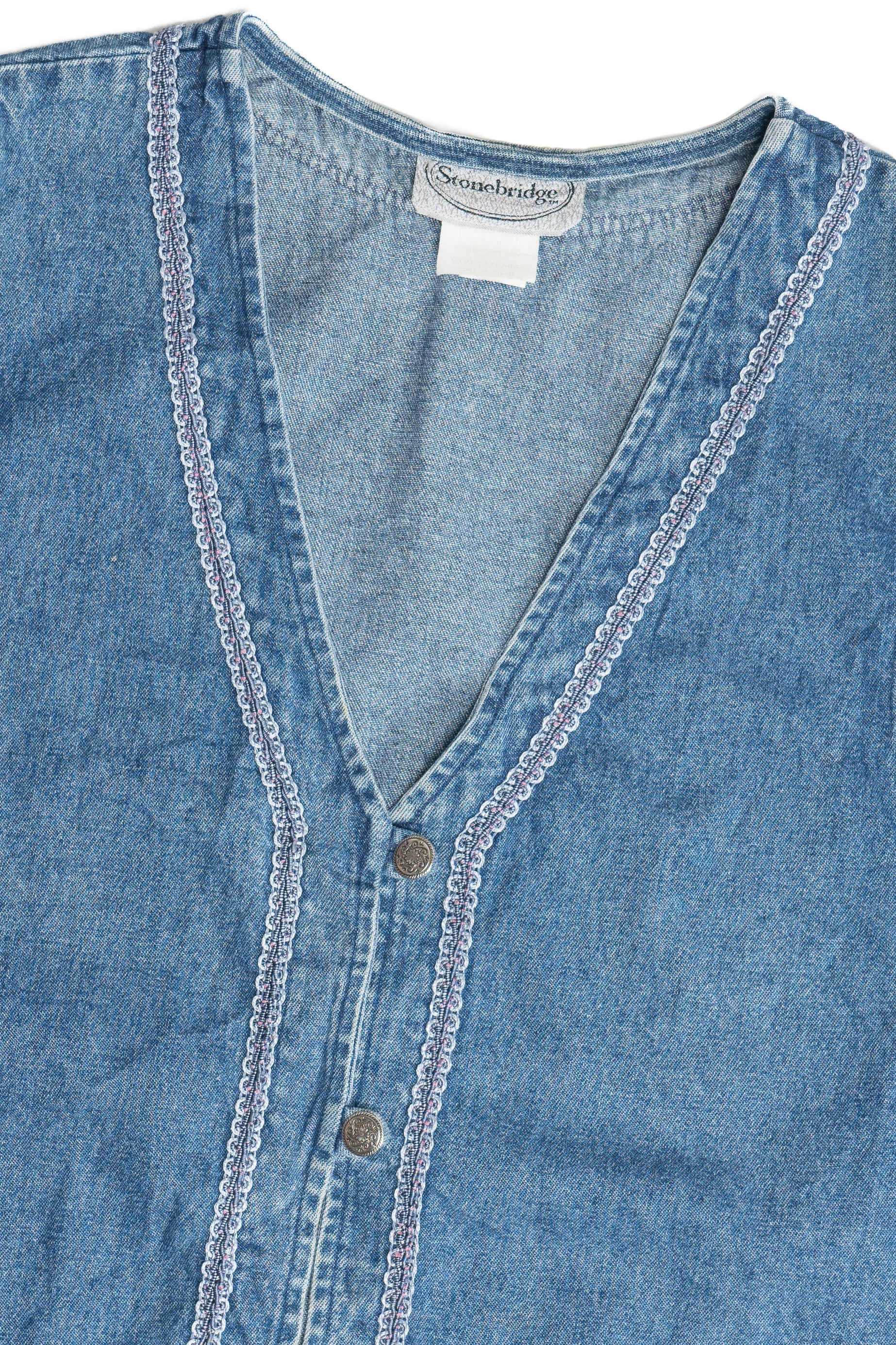 Vintage Stonebridge Ribbon Trim Denim Vest (1990s)