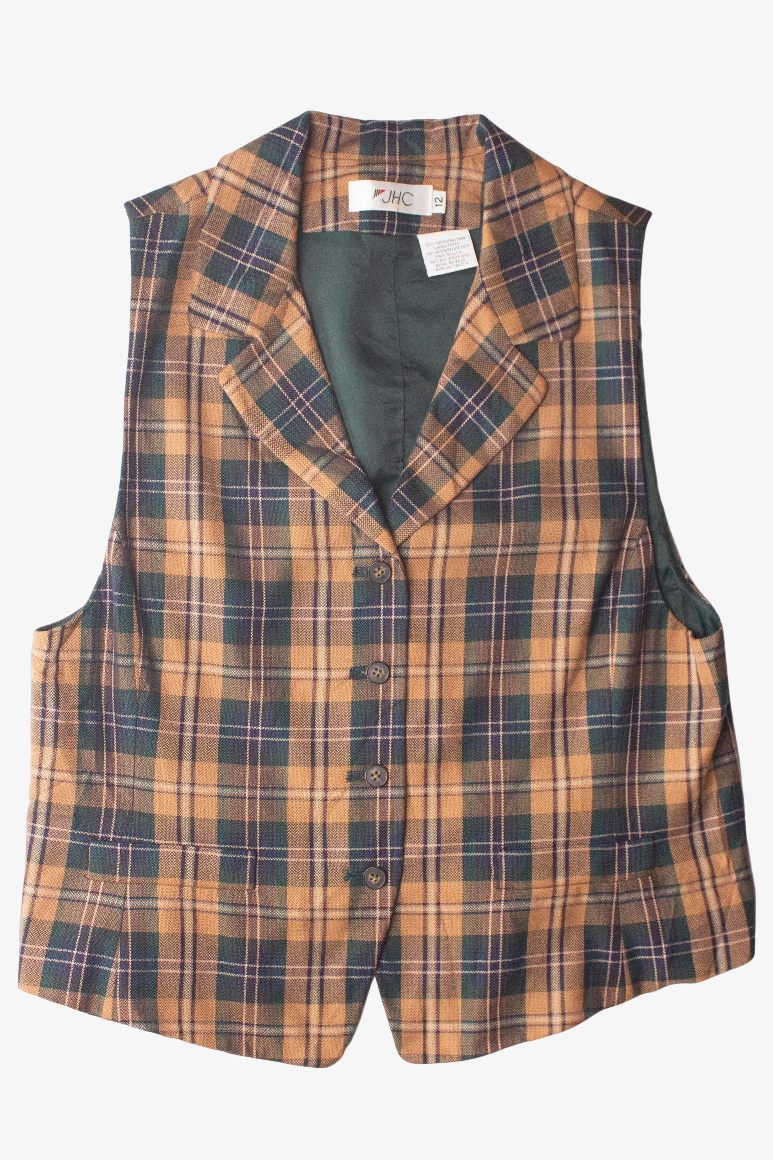 Vintage Tan & Green Plaid Vest (1990s)