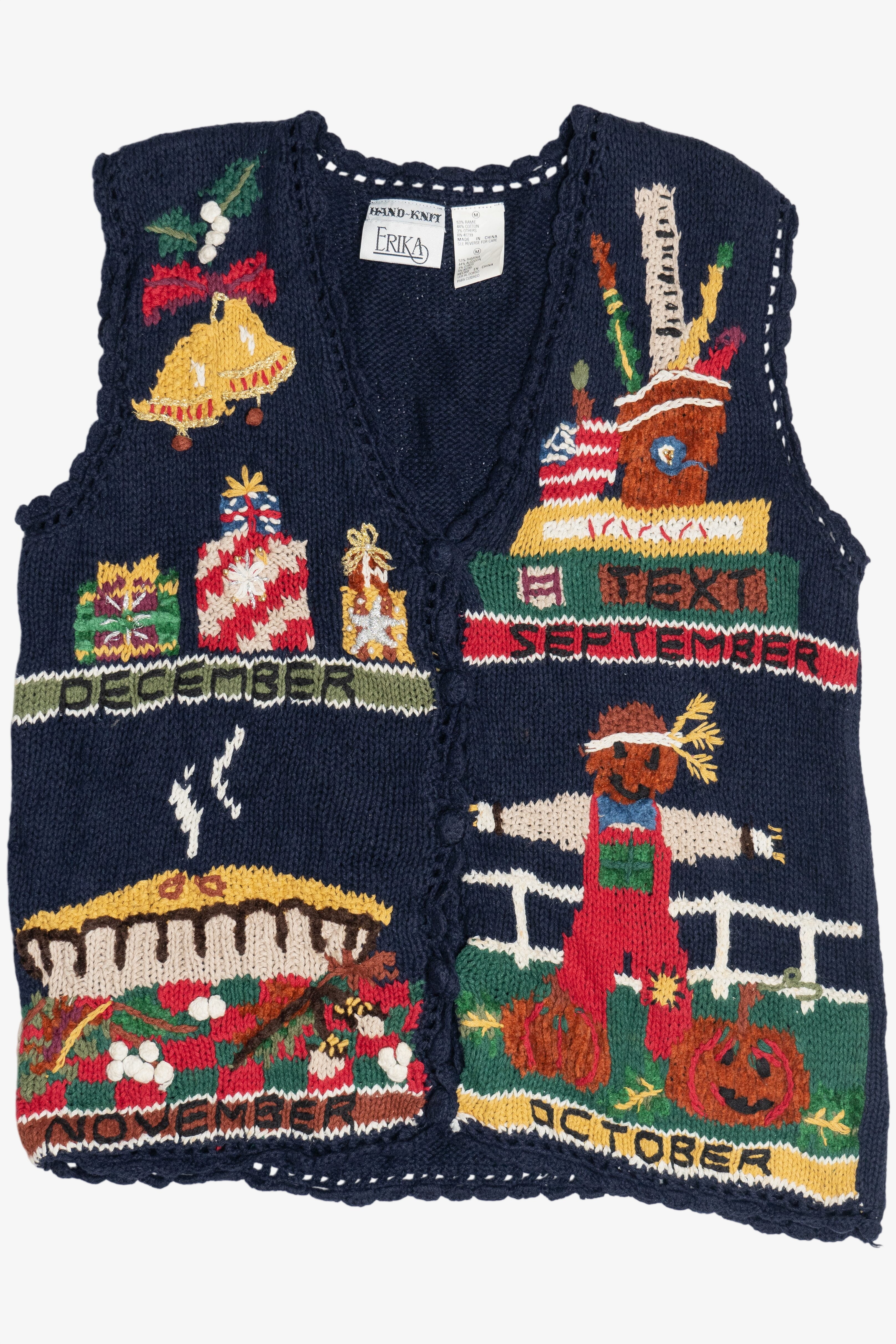 Vintage Hand Knit Seasonal Fall Holidays Navy Sweater Vest (1990s)