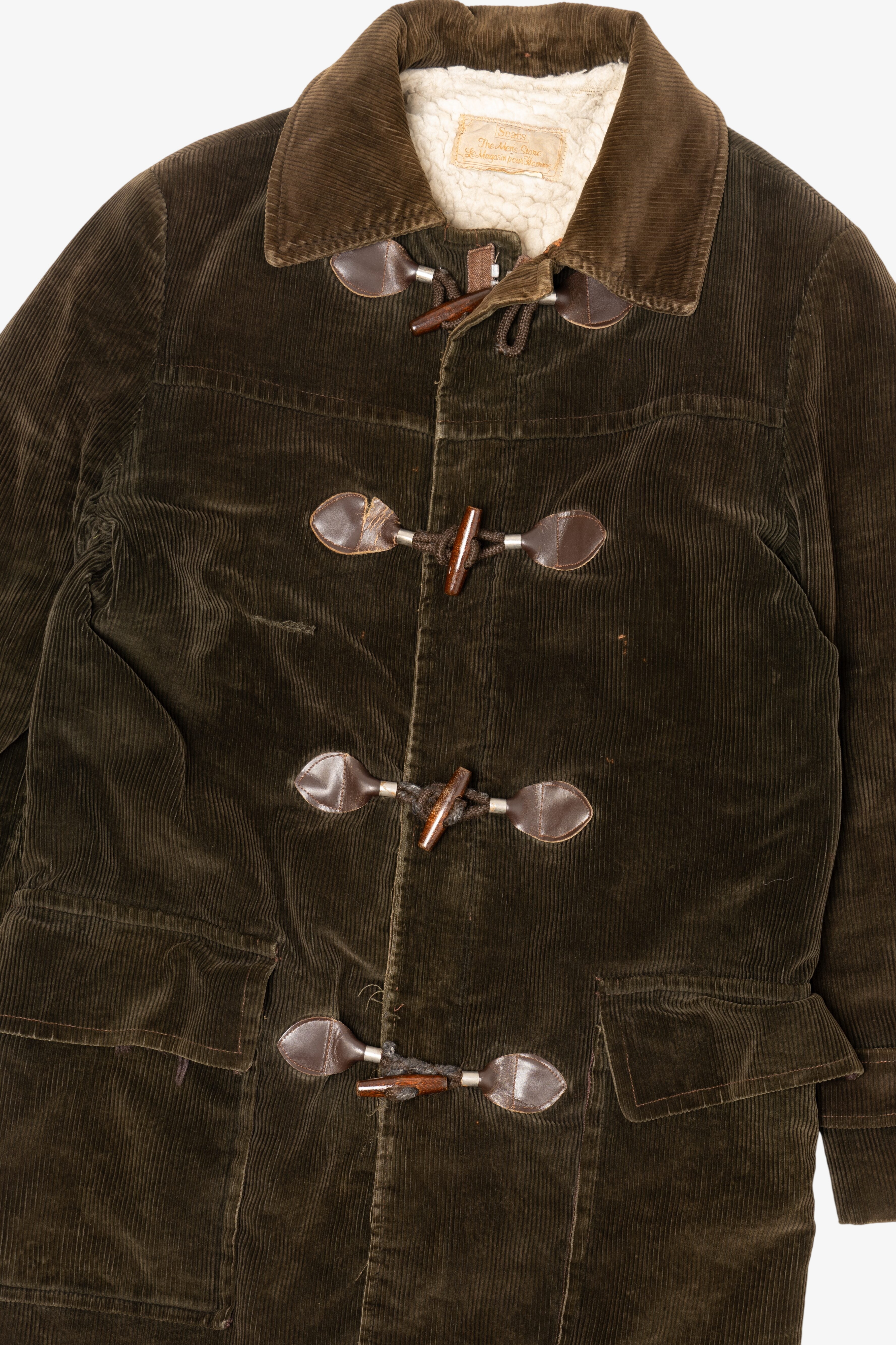 Vintage Distressed Sears Corduroy Sherpa Lined Duffle Coat (1970s)