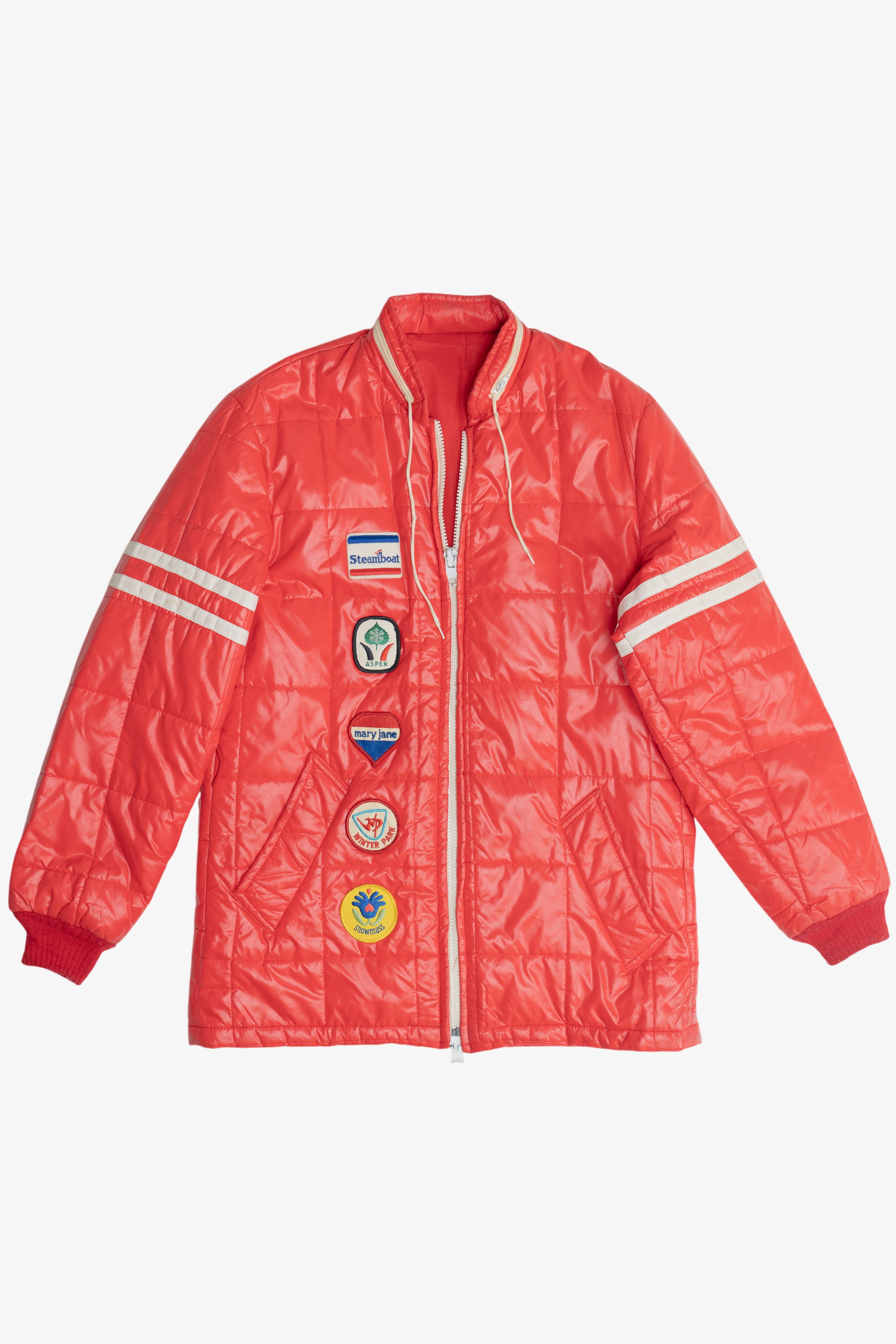 Vintage Long Puffer Ski Coat With "Mary Jane" & Ski Resort Destination Patches (1970s)