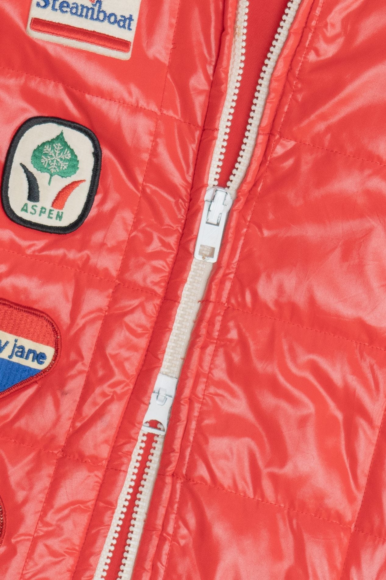 Vintage Long Puffer Ski Coat With "Mary Jane" & Ski Resort Destination Patches (1970s)