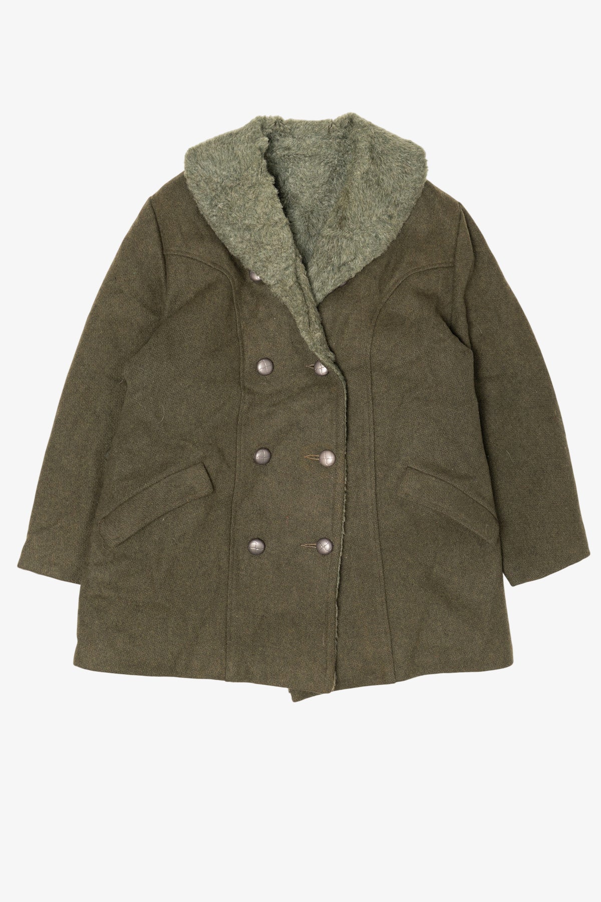 Vintage Olive Faux Fur Trimmed Winter Peacoat (1980s)