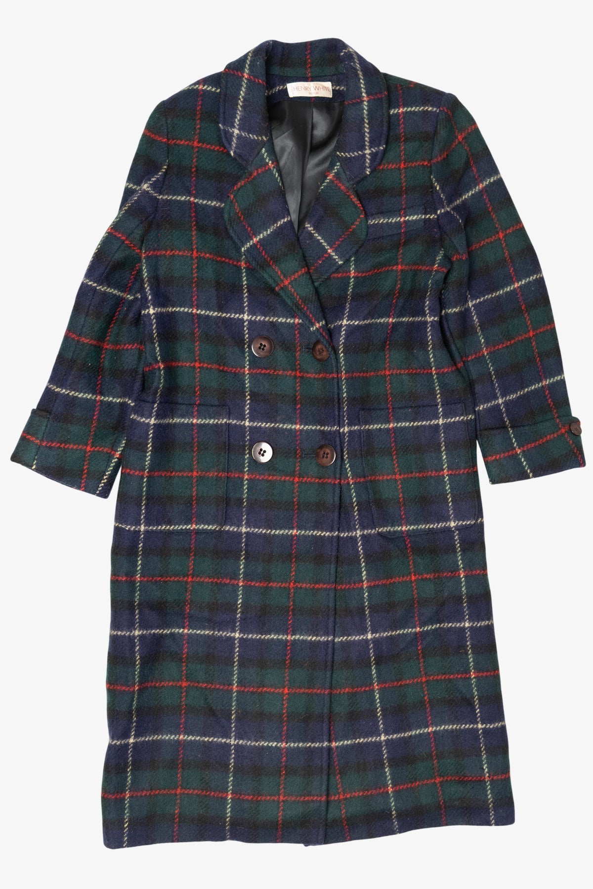 Vintage Plaid Henry White Double-Breasted Overcoat (1980s)