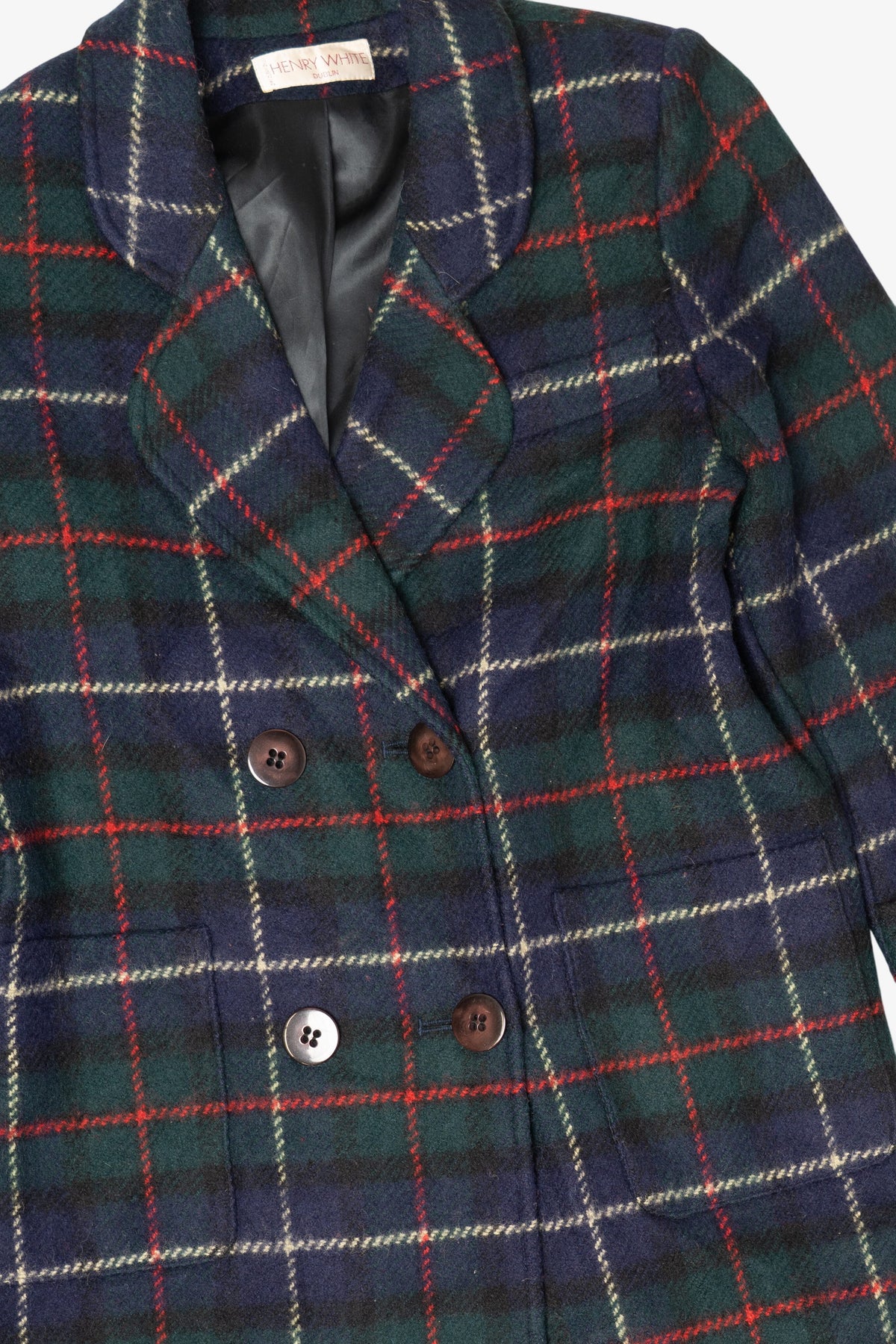 Vintage Plaid Henry White Double-Breasted Overcoat (1980s)