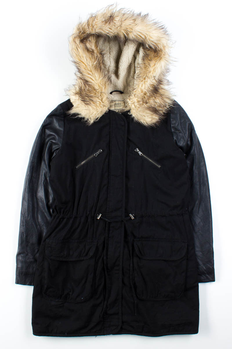 Black Faux Leather Parka