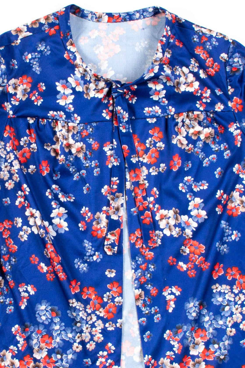 Blue Floral Tie Neck Open Blouse