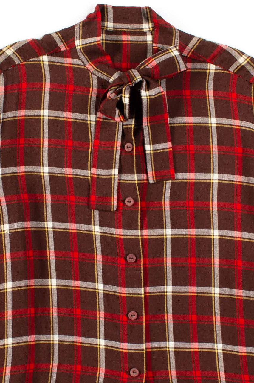 Plaid Tie Neck Blouse
