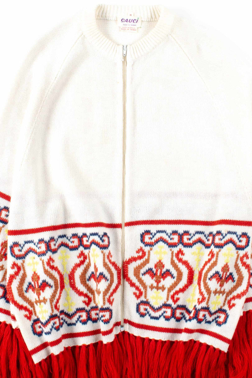 White & Red Knit Vintage Poncho