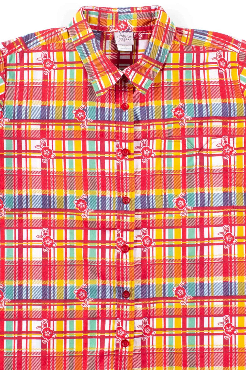 Red Floral Plaid Button Up Top