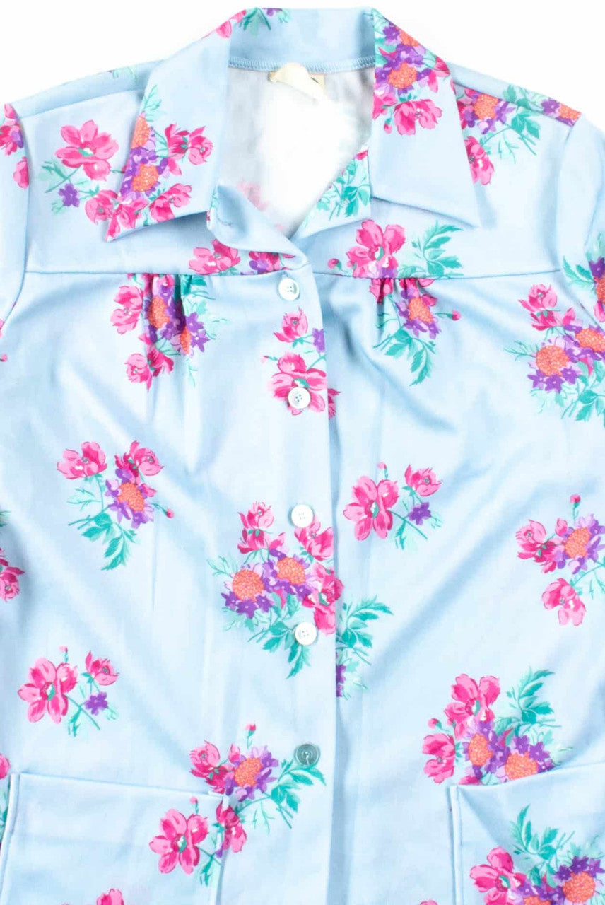 Blue Floral Button Up Pocket Blouse