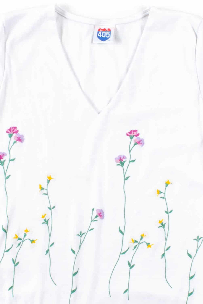 White Floral V-Neck Top