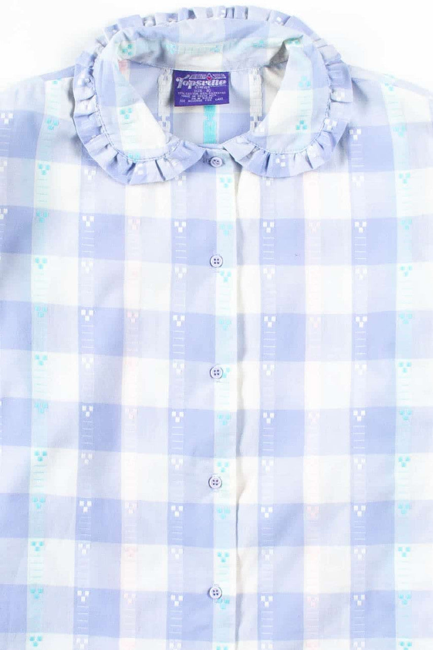 Blue Plaid Ruffle Collar Button Up Blouse