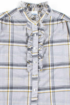 Grey Plaid Ruffle Trim Button Up Blouse