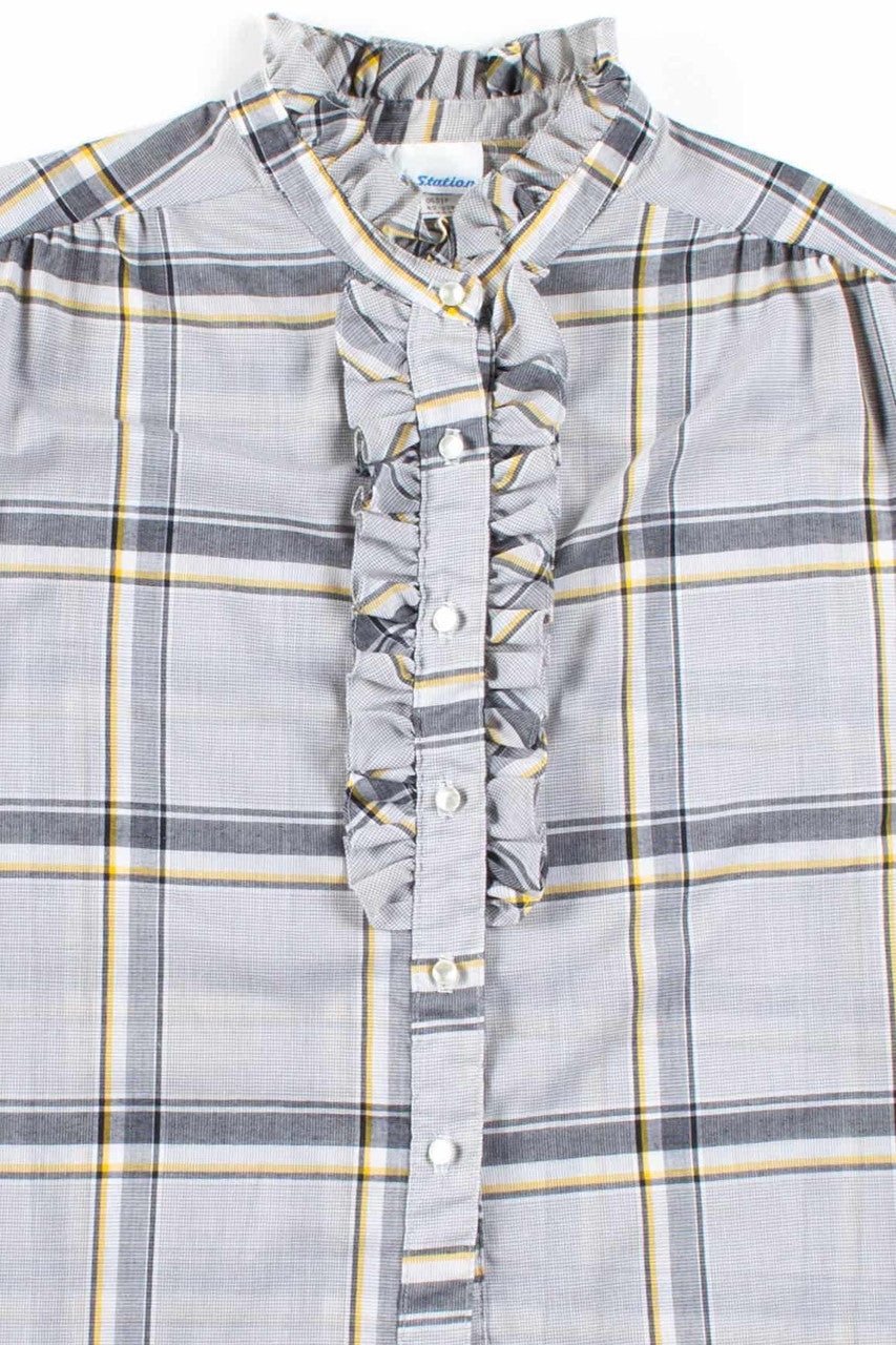 Grey Plaid Ruffle Trim Button Up Blouse