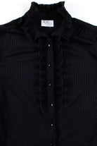 Black Striped Ruffle Trim Button Up Blouse