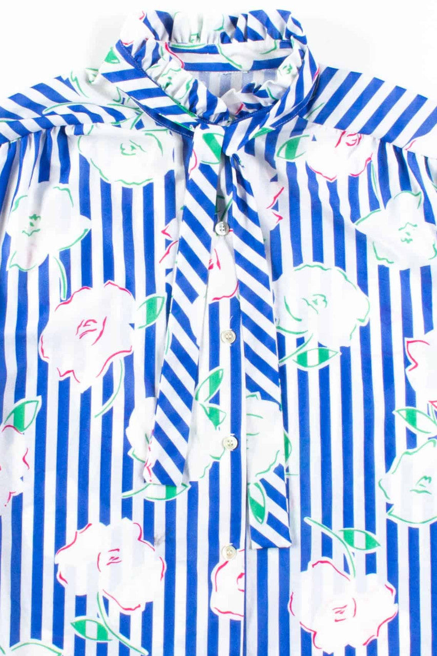 Blue Striped Floral Tie Neck Blouse